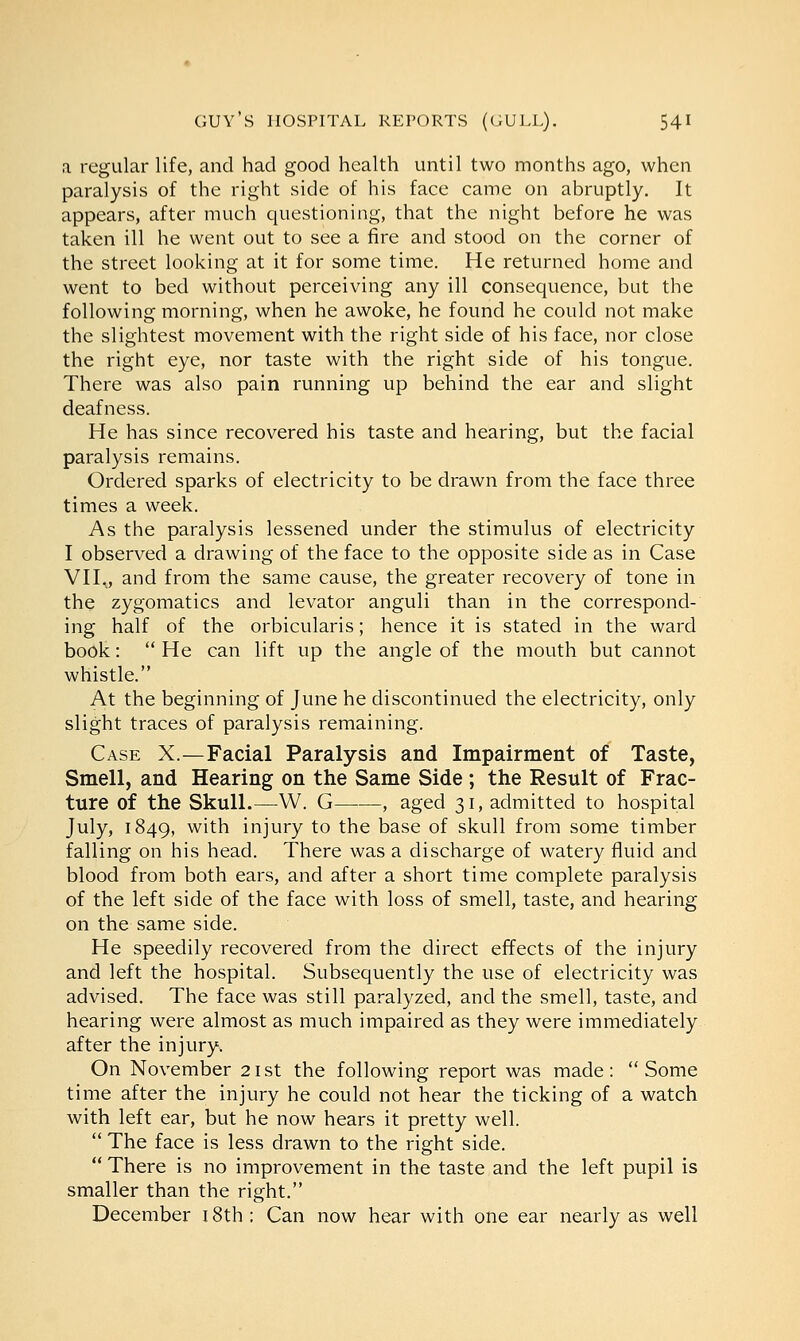 a regular life, and had good health until two months ago, when paralysis of the right side of his face came on abruptly. It appears, after much questioning, that the night before he was taken ill he went out to see a fire and stood on the corner of the street looking at it for some time. He returned home and went to bed without perceiving any ill consequence, but the following morning, when he awoke, he found he could not make the slightest movement with the right side of his face, nor close the right eye, nor taste with the right side of his tongue. There was also pain running up behind the ear and slight deafness. He has since recovered his taste and hearing, but the facial paralysis remains. Ordered sparks of electricity to be drawn from the face three times a week. As the paralysis lessened under the stimulus of electricity I observed a drawing of the face to the opposite side as in Case VII., and from the same cause, the greater recovery of tone in the zygomatics and levator anguli than in the correspond- ing half of the orbicularis; hence it is stated in the ward book:  He can lift up the angle of the mouth but cannot whistle. At the beginning of June he discontinued the electricity, only slight traces of paralysis remaining. Case X.—Facial Paralysis and Impairment of Taste, Smell, and Hearing on the Same Side; the Result of Frac- ture of the Skull.—W. G , aged 31, admitted to hospital July, 1849, with injury to the base of skull from some timber falling on his head. There was a discharge of watery fluid and blood from both ears, and after a short time complete paralysis of the left side of the face with loss of smell, taste, and hearing on the same side. He speedily recovered from the direct effects of the injury and left the hospital. Subsequently the use of electricity was advised. The face was still paralyzed, and the smell, taste, and hearing were almost as much impaired as they were immediately after the injury. On November 21st the following report was made: Some time after the injury he could not hear the ticking of a watch with left ear, but he now hears it pretty well.  The face is less drawn to the right side.  There is no improvement in the taste and the left pupil is smaller than the right. December 18th : Can now hear with one ear nearly as well