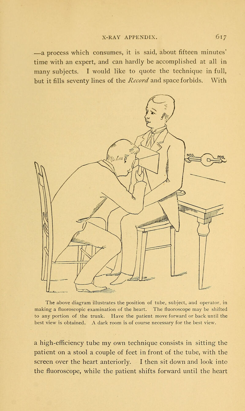 —a process which consumes, it is said, about fifteen minutes' time with an expert, and can hardly be accomplished at all in many subjects. I would like to quote the technique in full, but it fills seventy lines of the Record and space forbids. With The above diagram illustrates the position of tube, subject, and operator, in making a fluoroscopic examination of the heart. The fluoroscope may be shifted to any portion of the trunk. Have the patient move forward or back until the best view is obtained. A dark room is of course necessary for the best view. a high-efficiency tube my own technique consists in sitting the patient on a stool a couple of feet in front of the tube, with the screen over the heart anteriorly. I then sit down and look into the fluoroscope, while the patient shifts forward until the heart