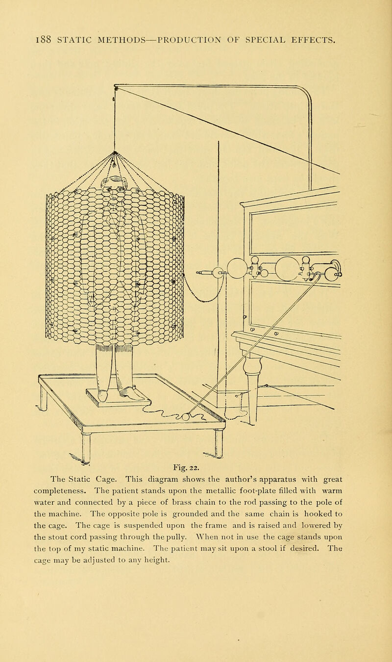 Fig. 22. The Static Cage. This diagram shows the author's apparatus with great completeness. The patient stands upon the metallic foot-plate filled with warm water and connected by a piece of brass chain to the rod passing to the pole of the machine. The opposite pole is grounded and the same chain is hooked to the cage. The cage is suspended upon the frame and is raised and lowered by the stout cord passing through thepully. When not in use the cage stands upon the top of my static machine. The patient may sit upon a stool if desired. The cage may be adjusted to any height.