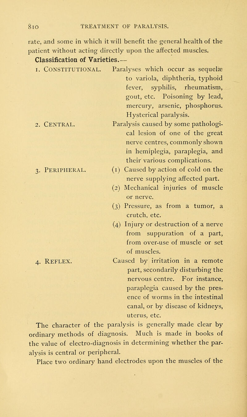 rate, and some in which it will benefit the general health of the patient without acting directly upon the affected muscles. Classification of Varieties.— 1. Constitutional. Paralyses which occur as sequelae to variola, diphtheria, typhoid fever, syphilis, rheumatism, gout, etc. Poisoning by lead, mercury, arsenic, phosphorus. Hysterical paralysis. 2. Central. Paralysis caused by some pathologi- cal lesion of one of the great nerve centres, commonly shown in hemiplegia, paraplegia, and their various complications. 3. Peripheral. (i) Caused by action of cold on the nerve supplying affected part. (2) Mechanical injuries of muscle or nerve. (3) Pressure, as from a tumor, a crutch, etc. (4) Injury or destruction of a nerve from suppuration of a part, from over-use of muscle or set of muscles. 4. Reflex. Caused by irritation in a remote part, secondarily disturbing the nervous centre. For instance, paraplegia caused by the pres- ence of worms in the intestinal canal, or by disease of kidneys, uterus, etc. The character of the paralysis is generally made clear by ordinary methods of diagnosis. Much is made in books of the value of electro-diagnosis in determining whether the par- alysis is central or peripheral. Place two ordinary hand electrodes upon the muscles of the