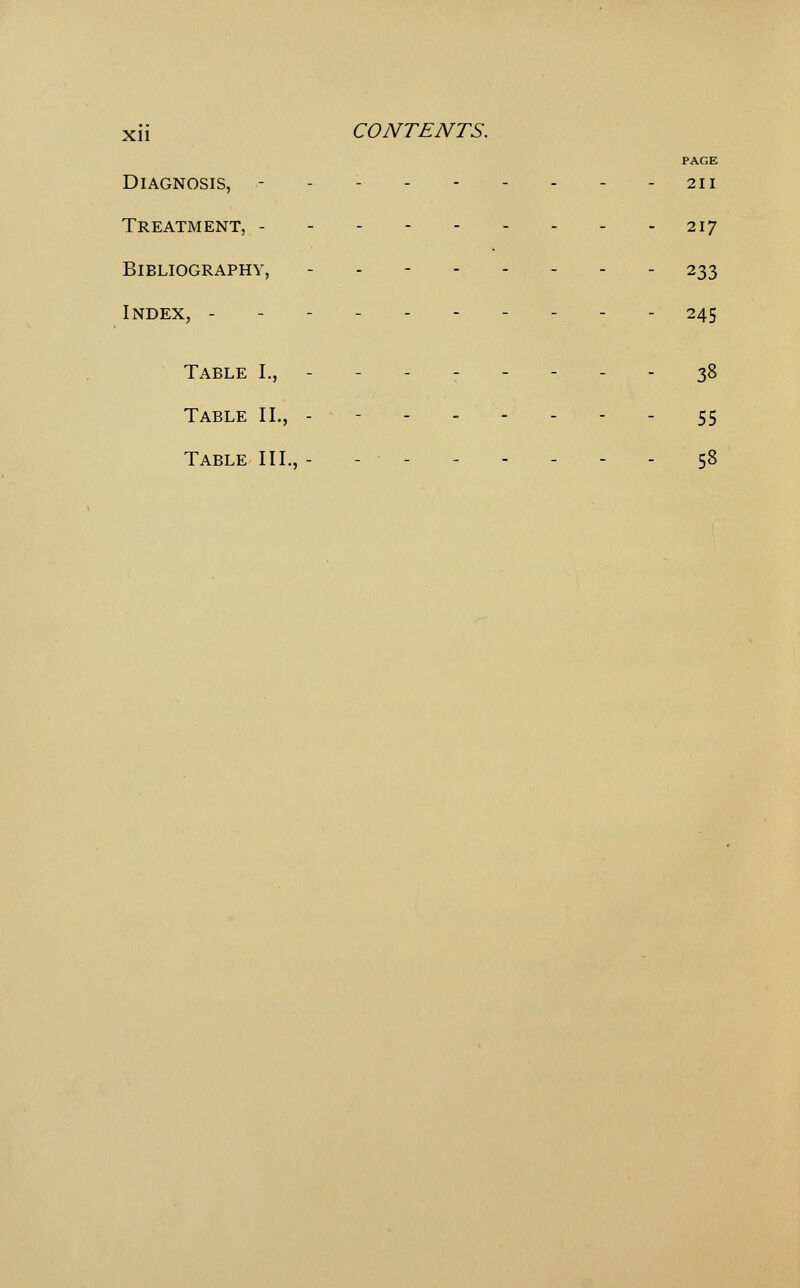 PAGE Diagnosis, - - - 211 Treatment, - - - 217 Bibliography, - - 233 Index, - - - - - 245 Table I., -------- 38 Table II., - - 55 Table III., - - - - - - - - 58