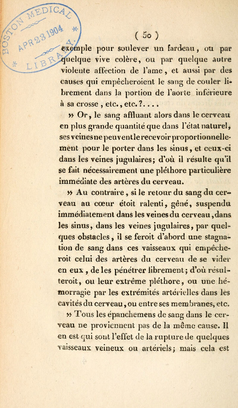 '^^^^^^^ to î^ -.-0^^^^?^?^^ pour soulever un fardeau, ou par ^^^Çvj^^elque vive colère, ou par quelque autre ^^ violente affection de l'ame, et aussi par des causes qui empêcheroient le sang de couler li- brement dans la portion de l'aorte inférieure à sa crosse , etc., etc. ?.... » Or, le sang affluant alors dans le cerveau en plus grande quantité que dans Tëtat naturel, ses veines ne peuventle recevoir proportionnelle- ment pour le porter dans les sinus, et ceux-ci dans les veines jugulaires; d'où il résulte qu'il se fait nécessairement une pléthore particulière immédiate des artères du cerveau. » Au contraire, si le retour du sang du cer- veau au cœur étoit ralenti, gêné, suspendu immédiatement dans les veines du cerveau ,dans les sinus, dans les veines jugulaires, par quel- ques obstacles, il se feroit d'abord une stagna- tion de sang dans ces vaisseaux qui empêche- roit celui des artères du cerveau de se vider en eux , de les pénétrer librement ; d'où résuî- teroit, ou leur extrême pléthore, ou une hé- morragie par les extrémités artérielles dans les cavités du cerveau, ou entre ses membranes, etCc » Tous les épanchemens de sang dans le cer- veau ne proviennent pas de la même cause. Il en est qui sont Teffet de la rupture de quelques vaisseaux veineux ou artériels j mais cela est