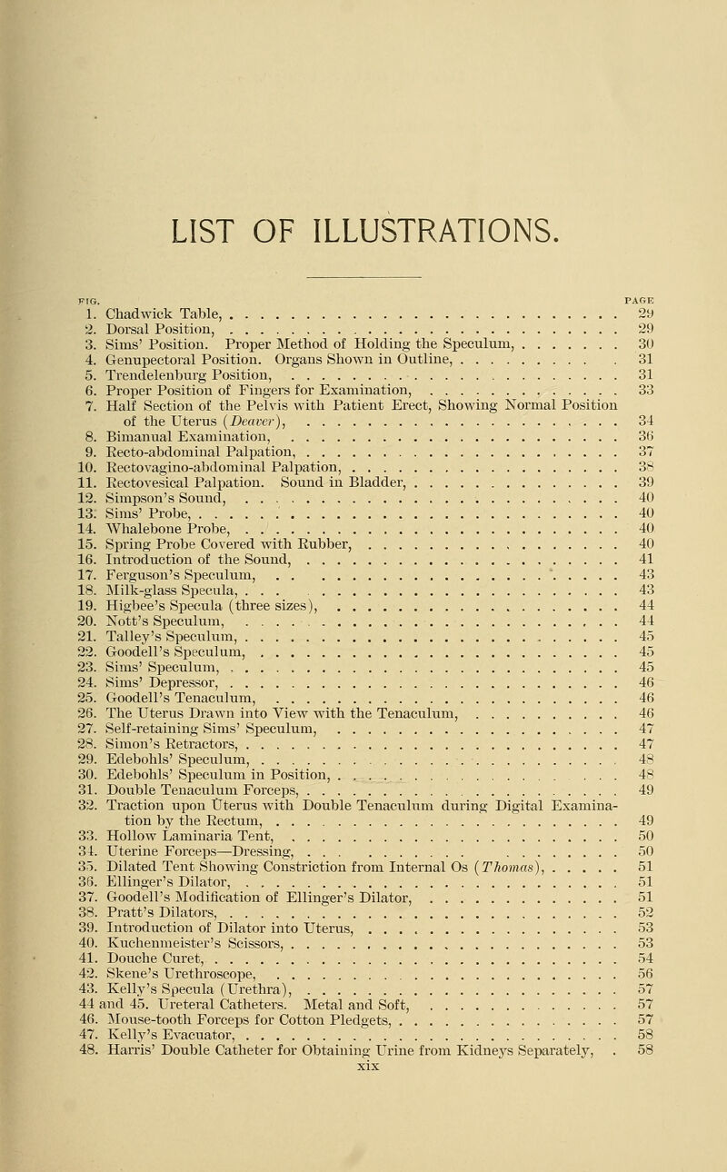 LIST OF ILLUSTRATIONS. WTG. PAGE 1. Chadwick Table, 29 2. Dorsal Position, 29 3. Sims' Position. Proper Method of Holding the Speculum, 30 4. Genupectoral Position. Organs Shown in Outline, 31 5. Trendelenburg Position, 31 6. Proper Position of Fingers for Examination, 33 7. Half Section of the Pelvis with Patient Erect, Showing Normal Position of the Uterus (Deaver), 34 8. Bimanual Examination, 36 9. Recto-abdominal Palpation, 37 10. Rectovagino-abdominal Palpation, 38 11. Rectovesical Palpation. Sound in Bladder, 39 12. Simpson's Sound, 40 13. Sims' Probe, 40 14. Whalebone Probe, 40 15. Spring Probe Covered with Rubber, 40 16. Introduction of the Sound, 41 17. Ferguson's Speculum, 43 18. Milk-glass Specula, 43 19. Higbee's Specula (three sizes), 44 20. Nott's Speculum, 44 21. Talley's Speculum, 45 22. Goodell's Speculum, 45 23. Sims' Speculum, , . . . 45 24. Sims' Depressor, 46 25. Goodell's Tenaculum, 46 26. The Uterus Drawn into View with the Tenaculum, 46 27. Self-retaining Sims' Speculum, 47 28. Simon's Retractors, 47 29. Edebohls' Speculum, 48 30. Edebohls' Speculum in Position, 48 31. Double Tenaculum Forceps, 49 32. Traction upon Uterus with Double Tenaculum during Digital Examina- tion by the Rectum, 49 33. Hollow Laminaria Tent, 50 34. Uterine Forceps—Dressing, 50 35. Dilated Tent Showing Constriction from Internal Os (Thomas), 51 36. Ellinger's Dilator, 51 37. Goodell's Modification of Ellinger's Dilator, 51 38. Pratt's Dilators, 52 39. Introduction of Dilator into Uterus, 53 40. Kuchenmeister's Scissors, 53 41. Douche Curet, 54 42. Skene's Urethroscope, 56 43. Kelly's Specula (Urethra), 57 44 and 45. Ureteral Catheters. Metal and Soft, 57 46. Mouse-tooth Forceps for Cotton Pledgets, 57 47. Kelly's Evacuator, 58 48. Harris' Double Catheter for Obtaining Urine from Kidneys Separately, . 58