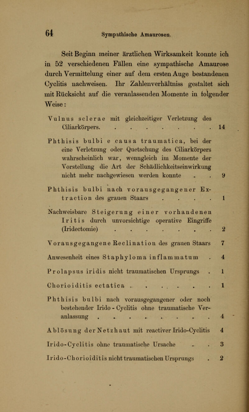 u4 Sympathische Amaurosen. Seit Beginn meiner ärztlichen Wirksamkeit konnte ich in 52 verschiedenen Fällen eine sympathische Amaurose durch Vermittelung einer auf dem ersten Auge bestandenen Cyclitis nachweisen. Ihr Zahlenverhältniss gestaltet sich mit Rücksicht auf die veranlassenden Momente in folgender Weise: Vulnus sclerae mit gleichzeitiger Verletzung des Ciliarkörpers. . . . . . .14 Phthisis bulbi e causa traumatica, bei der eine Verletzung oder Quetschung des Ciliarkörpers wahrscheinlich war, wenngleich im Momente der Vorstellung die Art der Schädlichkeitseinwirkung nicht mehr nachgewiesen werden konnte . . 9 Phthisis bulbi nach vorausgegangener Ex- traction des grauen Staars .... 1 Nachweisbare Steigerung einer vorhandenen Iritis durch unvorsichtige operative Eingriffe (Iridectomie) ....... 2 Vorausgegangene RecUnation des grauen Staars 7 Anwesenheit eines Staphylomainflammatum . 4 Prolapsus iridis nicht traumatischen Ursprungs . 1 Chorioiditis ectatica . . ... . .1 Phthisis bulbi nach vorausgegangener oder noch bestehender Irido - Cyclitis ohne traumatische Ver- anlassung ........ 4 Ablösung derNetzhaut mit reactiver Irido-Cyclitis 4 Irido-Cyclitis ohne traumatische Ursache . . 3 Irido-Chorioiditis nicht traumatischen Ursprungs . 2