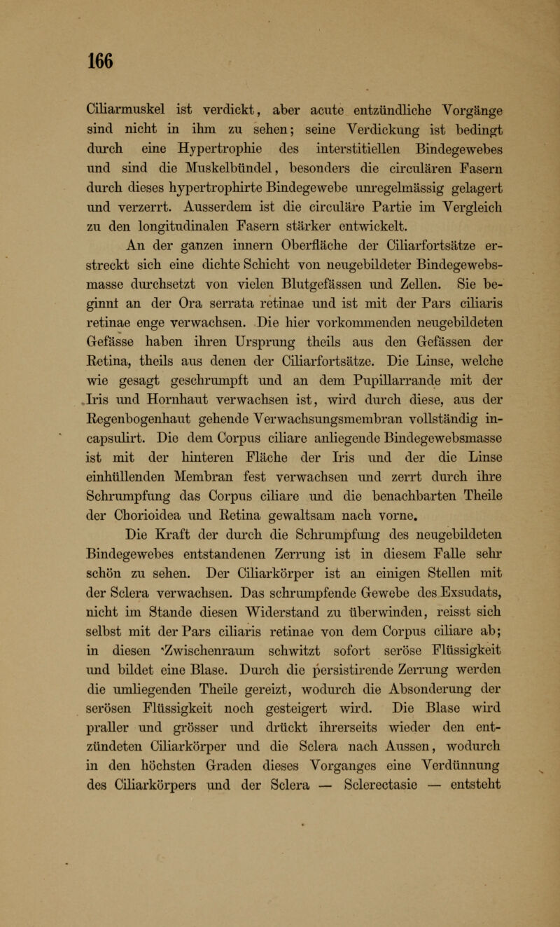 Ciliarmuskel ist verdickt, aber acute entzündliche Vorgänge sind nicht in ihm zu sehen; seine Verdickung ist bedingt durch eine Hypertrophie des interstitiellen Bindegewebes und sind die Muskelbündel, besonders die circulären Fasern durch dieses hypertrophirte Bindegewebe unregelmässig gelagert und verzerrt. Ausserdem ist die circuläre Partie im Vergleich zu den longitudinalen Fasern stärker entwickelt. An der ganzen innern Oberfläche der Ciliarfortsätze er- streckt sich eine dichte Schicht von neugebildeter Bindegewebs- masse durchsetzt von vielen Blutgefässen und Zellen. Sie be- ginnt an der Ora serrata retinae und ist mit der Pars ciliaris retinae enge verwachsen. Die hier vorkommenden neugebildeten Gefässe haben ihren Ursprung theils aus den Gefässen der Eetina, theils aus denen der Ciliarfortsätze. Die Linse, welche wie gesagt geschrumpft und an dem Pupillarrande mit der Iris und Hornhaut verwachsen ist, wird durch diese, aus der Eegenbogenhaut gehende Verwachsungsmembran vollständig in- capsulirt. Die dem Corpus ciliare anliegende Bindegewebsmasse ist mit der hinteren Fläche der Iris und der die Linse einhüllenden Membran fest verwachsen und zerrt durch ihre Schrumpfung das Corpus ciliare und die benachbarten Theile der Chorioidea und Retina gewaltsam nach vorne. Die Kraft der durch die Schrumpfung des neugebildeten Bindegewebes entstandenen Zerrung ist in diesem Falle sehr schön zu sehen. Der Ciliarkörper ist an einigen Stellen mit der Sclera verwachsen. Das schrumpfende Gewebe des Exsudats, nicht im Stande diesen Widerstand zu überwinden, reisst sich selbst mit der Pars ciliaris retinae von dem Corpus ciliare ab; in diesen 'Zwischenraum schwitzt sofort seröse Flüssigkeit und bildet eine Blase. Durch die persistirende Zerrung werden die umliegenden Theile gereizt, wodurch die Absonderung der serösen Flüssigkeit noch gesteigert wird. Die Blase wird praller und grösser und drückt ihrerseits wieder den ent- zündeten Ciliarkörper und die Sclera nach Aussen, wodurch in den höchsten Graden dieses Vorganges eine Verdünnung des Ciliarkörpers und der Sclera — Sclerectasie — entsteht