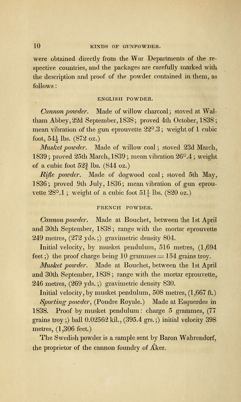 were obtained directly from the War Departments of the re- spective countries, and the packages are carefully marked with the description and proof of the powder contained in them, as follows: ENGLISH POWDER. Cannon powder. Made of willow charcoal; stoved at Wal- tham Abbey, 22d September, 1838; proved 4th October, 1838; mean vibration of the gun eprouvette 22°.3; weight of 1 cubic foot, 54^ lbs. (872 oz.) Musket powder. Made of willow coal; stoved 23d March, 1839; proved 25th March, 1839; mean vibration 26°.4; weight of a cubic foot 52| lbs. (844 oz.) Rijie powder. Made of dogwood coal; stoved 5th May, 1836; proved 9th July, 1836; mean vibration of gun eprou- vette 28°.l ; weight of a cubic foot 51^ lbs. (820 oz.) FRENCH POWDER. Cannon powder. Made at Bouchet, between the 1st April and 30th September, 1838; range with the mortar eprouvette 249 metres, (272 yds.;) gravimetric density 804. Initial velocity, by musket pendulum, 516 metres, (1,694 feet;) the proof charge being 10 grammes = 154 gi-ains troy. Musket powder. Made at Bouchet, between the 1st April and 30th September, 1838; lange with the mortar eprouvette, 246 metres, (269 yds.;) gravimetric density 830. Initial velocity, by musket pendulum, 508 metres, (1,667 ft.) Sporting powder, (Poudre Royale.) Made at Esquerdes in 1838. Proof by musket pendulum: charge 5 grammes, (77 grains troy;) ball 0.02562 kil., (395.4 grs.;) initial velocity 398 metres, (1,306 feet.) The Swedish powder is a sample sent by Baron Wahrendorf, the proprietor of the cannon foundry of Aker.