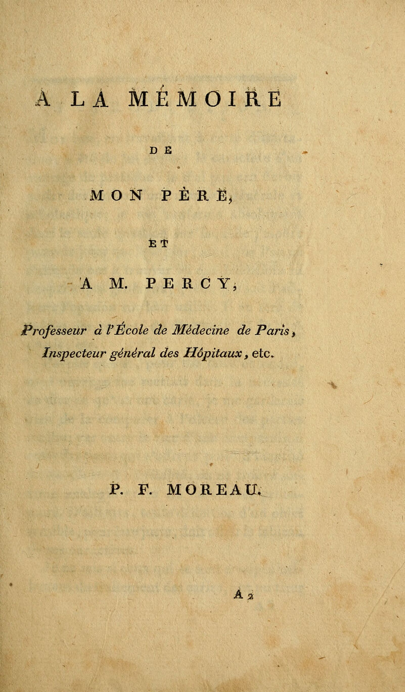 A LA MEMOI Ë.Ë D E MON P È R JS^ JE* A M. P E R C Yi Professeur à l'Ecole de Médecine de Paris > Inspecteur général des Hôpitaux, etc»