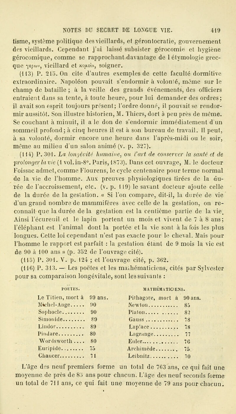 tisme, système politique des vieillards, et gérontocratie, gouvernement des vieillards. Cependant j'ai laissé subsister gérocomie et hygiène gérocomique, comme se rapprochant davantage de létymologie grec- que -j-epcov, vieillard et »op.sîv, soigner. (113) P. 215. On cite d'autres exemples de cette faculté dormitive extraordinaire. Napoléon pouvait s'endormir à volonlé, même sur le champ de bataille ; à la veille des grands événements, des officiers entraient dans sa tente, à toute heure, pour lui demander des ordres; il avait son esprit toujours présent; l'ordre donné, il pouvait se rendor- mir aussitôt. Son illustre historien, M. Thiers, dort à peu près de même. Se couchant à minuit, il a le don de s'endormir immédiatement d'un sommeil profond; à cinq heures il est à son bureau de travail. Il peut, à sa volonté, dormir encore une heure dans l'après-midi ou le soir, même au milieu d'un salon animé (v. p. 327). (114) P. 301. La longévité humaine., ou l'art de conserver la santé et de •prolonger la vie (I vol.in-8°. Paris, 1873). Dans cet ouvrage, M. le docteur Foissac admet, comme Flourens, le cycle centenaire pour terme normal de la vie de l'homme. Aux preuves physiologiques tirées de la du- rée de l'accroissement, etc. (v. p. 119) le savant docleur ajoute celle de la durée de la gestation. « Si l'on compare, dit-il, la durée de vie d'un grand nombre de mammifères avec celle de la gestation, on re- connaît que la durée delà gestation est la centième parlie de la vie. Ainsi l'écureuil et le lapin portent un mois et vivent de 7 à 8 ans; l'éléphant est l'animal dont la portée et la vie sont à la fois les plus longues. Cette loi cependant n'est pas exacte pour le cheval. Mais pour l'homme le rapport est parfait : la gestation étant de 9 mois la vie est de 90 à 100 ans » (p. 352 de l'ouvrage cité). (115) P. 301. V. p. 124 ; et l'ouvrage cité, p. 362. (116) P. 313. — Les poètes et les mathématiciens, cités par Sylvester pour sa comparaison longévitale, sont les suivants : POETES. MATHÉMATICIENS. Le Titien, mort à S9 ans. Pithagove, mort à 90 ans. Michel-Ange . 90 Newton 85 Sophocle 90 Platon 82 Simonide 89 Gauss 78 Lindor 89 Laplace 78 Pindare 80 Lcigrange 77 Wonlsworth 80 Euler 7G Euripide 75 Archimède 75. Chaucer 71 Leibnitz 0 L'âge des neuf premiers forme un total de 763 ans, ce qui fait une moyenne de près de 85 ans pour chacun. L'âge des neuf seconds forme un total de 711 ans, ce qui fait une moyenne de 79 ans pour chacun.