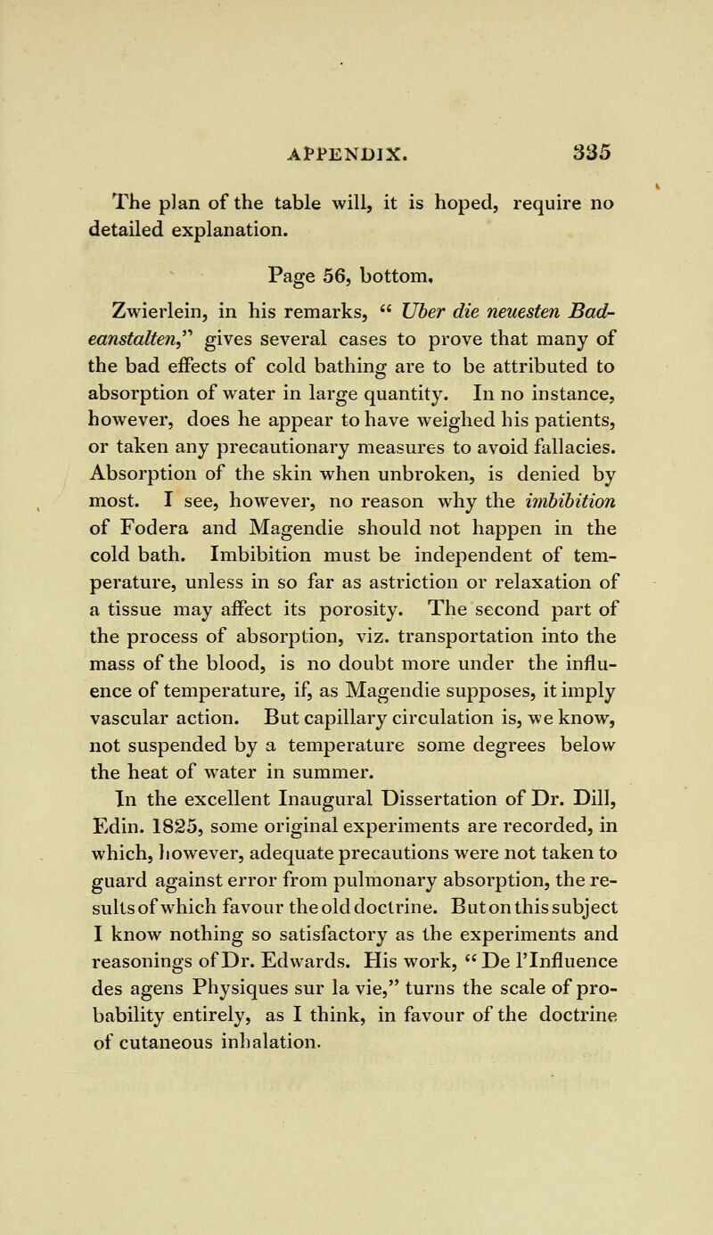 The plan of the table will, it is hoped, require no detailed explanation. Page 56, bottom, Zwierlein, in his remarks, Uber die neuesten Bad- eanstalten gives several cases to prove that many of the bad effects of cold bathing are to be attributed to absorption of water in large quantity. In no instance, however, does he appear to have weighed his patients, or taken any precautionary measures to avoid fallacies. Absorption of the skin when unbroken, is denied by most. I see, however, no reason why the imbibition of Fodera and Magendie should not happen in the cold bath. Imbibition must be independent of tem- perature, unless in so far as astriction or relaxation of a tissue may affect its porosity. The second part of the process of absorption, viz. transportation into the mass of the blood, is no doubt more under the influ- ence of temperature, if, as Magendie supposes, it imply vascular action. But capillary circulation is, we know, not suspended by a temperature some degrees below the heat of water in summer. In the excellent Inaugural Dissertation of Dr. Dill, Edin. 1825, some original experiments are recorded, in which, however, adequate precautions were not taken to guard against error from pulmonary absorption, the re- sults of which favour the old doctrine. But on this subject I know nothing so satisfactory as the experiments and reasonings of Dr. Edwards. His work, De 1'Influence des agens Physiques sur la vie, turns the scale of pro- bability entirely, as I think, in favour of the doctrine of cutaneous inhalation.