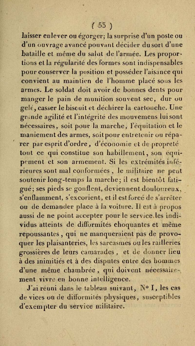 laisser enlever ou égorger; la surprise d'un poste ou d'un ouvrage avancé pouvant décider du sort d'une bataille et même du saint de Tarniée. Les propor* tions et la régularité des formes sont indispensables pour conserver la position et posséder l'aisance qui convient au maintien de l'homme placé soijs les armes. Le soldat doit avoir de bonnes dents pour manger le pain de munition souvent sec, dur ou gek, casser le biscuit et déchirer la carlouche. Une gr-nde agilité et l'intégrité des mouvemens lui sont nécessaires, soit pour la marche, l'équitation et le maniement des armes, soit pour entretenir ou répa- rer par esprit d'ordre^ d'économie et de propreté tout ce qui constitue son habillement, son équi- pement et son armement. Si les extrémités infé- rieures sont mal conformées , le militaire ne peut soutenir long-temps la marche-il est bienlôt fati- gué; ses pieds se gonflent, deviennent douloîireux, s'enflamment, s'excorient, et il est forcé de s'arrêter ou de demander place à la voiture. Il est à propos aussi de ne point accepter pour le service Jes indi- vidus atteints de diJBPorniités choquantes et même repoussantes , qui ne manqueraient pas de provo- quer les plaisanteries, les sarcasmes ouïes railleries grossières de leurs camarades , et de donner lieu à des inimitiés et à des disputes entre des bommes d'une même chambrée , qui doivent nécessaire- ment vivre en bonne intelligence. J'ai réuni dans le tableau suivant, N® I, les cas df vices ou de diiformilés phjsiques, susceptibles d'exempter du service militaire.