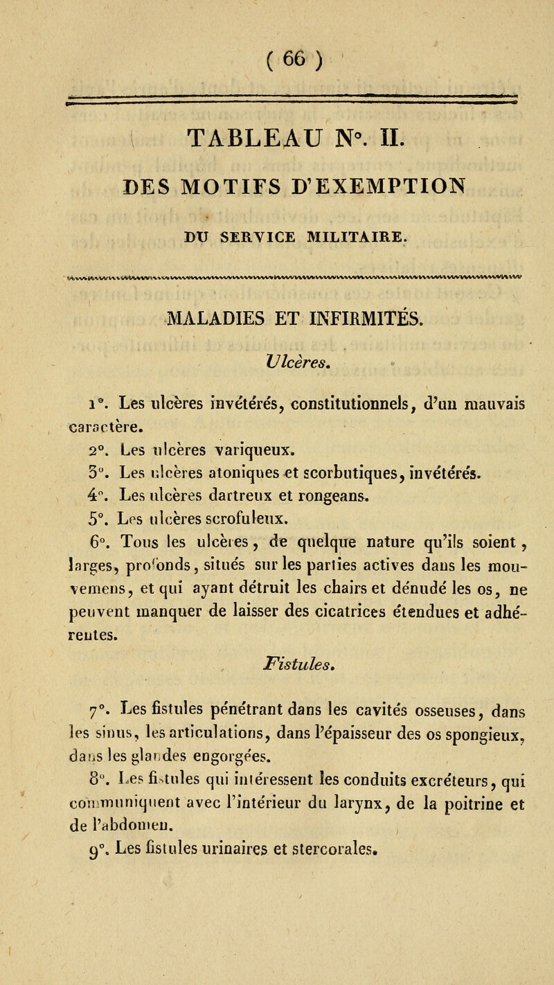 TABLEAU N^ IL DES MOTIFS D'EXEMPTION DU SERVICE MILITAIRE. MALADIES ET INFIRMITÉS. Ulcères. 1®. Les ulcères invétérés, constitutionnels, d'un mauvais caractère. 2°. Les ulcères variqueux. 3. Les i.lcères atoniques et scorbutiques, invétérés. 4. Les ulcères dartreux et rongeans. 5°. Los ulcères scrofuleux. 6°. Tous les ulcères, de quelque nature qu'ils soient, larges, profonds, situés sur les parties actives daus les mou- vemeiis, et qui ayant détruit les chairs et dénudé les os, ne peuvent manquer de laisser des cicatrices étendues et adhé- reutes. Fistules» 7°. Les fistules pénétrant dans les cavités osseuses, dans les siuus, les articulations, dans Pépaisseur des os spongieux, daas les glandes engorgées. 8. Les fistules qui intéressent les conduits excréteurs, qui coM muniqiient avec l'intérieur du larynx, de la poitrine et de l'abdomen. 9°, Les fistules urinaires et stercorales.