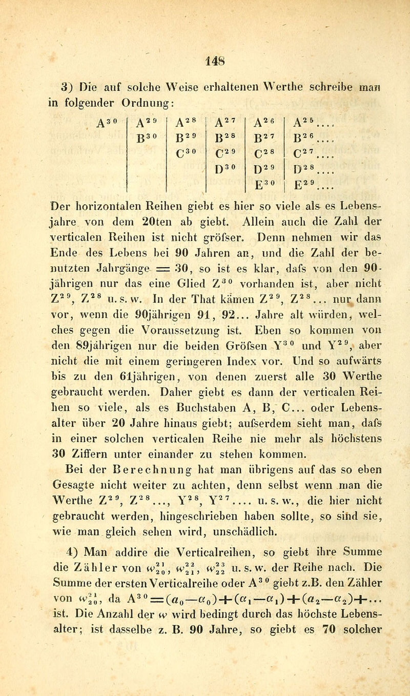 3) Die auf solche Weise erhaltenen Werthe schreibe man in folgender Ordnung: . A = ^29 A^« ^27 A26 A25... ßSO B29 ß28 B27 B^^.. ^30 C29 C28 C^'... [)30 1)29 £30 Der horizontalen Reihen giebt es hier so viele al& es Lebens- jahre von dem 20ten ab giebt. Allein auch die Zahl der verticalen Reihen ist nicht gröfser. Denn nehmen wir das Ende des Lebens bei 90 Jahren an, und die Zahl der be- nutzten Jahrgänge ^ 30, so ist es klar, dafs von den 90- jährigen nur das eine Glied 2.^° vorhanden ist, aber nicht Z^^ Z^« U.S.W. In der That kamen Z^^ Z^«... nur dann vor, wenn die 90jährigen 91, 92... Jahre alt würden, wel- ches gegen die Voraussetzung ist. Eben so kommen von den 89jährigen nur die beiden Gröfsen Y^'' und Y^^, aber nicht die mit einem geringeren Index vor. Und so aufwärts bis zu den 61jährigen, von denen zuerst alle 30 Werthe gebraucht werden. Daher giebt es dann der verticalen Rei- hen so viele, als es Buchstaben A, B, C... oder Lebens- alter über 20 Jahre hinaus giebt; aufserdem sieht man, dafs in einer solchen verticalen Reihe nie mehr als höchstens 30 Ziffern unter einander zu stehen kommen. Bei der Berechnung hat man übrigens auf das so eben Gesagte nicht weiter zu achten, denn selbst wenn man die Werthe Z2^ Z^»..., Y^«, Y'^... u. s. w., die hier nicht gebraucht werden, hingeschrieben haben sollte, so sind sie, wie man gleich sehen wird, unschädlich. 4) Man addire die Verticalreihen, so giebt ihre Summe die Zähler von wH, wW, iv\l u. s. w. der Reihe nach. Die Summe der ersten Verticalreihe oder A^ giebt z.B. den Zähler von wll, da A^ = (öo—«o)4-C«i—ß,) + (ö!2—«2)+- ist. Die Anzahl der w wird bedingt durch das höchste Lebens- alter; ist dasselbe z. B. 90 Jahre, so giebt es 70 solcher