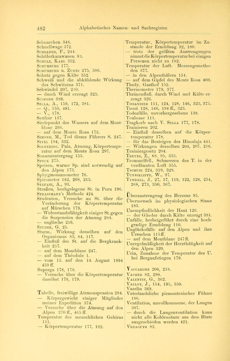 Schnarchen 348. Schnellwage 372. SCHEÄDEE, F., 244. Schülerkarawanen 83. Schulz, Karl 352. schumburg 177. SCHÜMBURG U. ZüNTZ 275, 386. Schutz gegen Kälte 352. Schweiß und die abkühlende Wirkung des Schwitzens 371. Schwindel 207, 210. — durch Wind erzeugt 325. SCOFONE 389. Sella, A., 159, 172, 381. — Q., 159, 481. — V., 178. Seufzer 137. Siedepunkt des Wassers auf dem Mont- blanc 266. — auf dem Monte Rosa 173. SiMOND, M., Tod dieses Führers S. 247. SiTEL 194, 332. SoLFERiNO, Puls, Atmuug, Körpertempe- ratur auf dem Monte Rosa 297. Sonnenuntergang 155. Speck 275. Speisen, warme Sp. sind notwendig auf den Alpen 173. Spbygmomanometer 76. Spirometer 182, 208, 213. Stefani, A., 93. Straßen, hochgelegene St. in Peru 196. Strassiiann's Methode 424. Studenten, Versuche an St. über die Veränderung der Körpertemperatur auf Märschen 179. — Widerstandsfähigkeit einiger St. gegen die Suspension der Atmung 284. — englische 216. Studer, G. 25. Sturm, Wirkung desselben auf den Organismus 83, 84, 117. — Einfluß des St. auf die Bergkrank- heit 257. — auf dem Montblanc 247. — auf dem Theodule 1. — vom 13. auf den 14. August 1894 459 flf. Superga 178, 179. — Versuche über die Körpertemperatur daselbst 178, 179. Tabelle, freiwillige Atemsuspension 284. — Körpergewicht einiger Mitglieder meiner Expedition 374. — Versuclie über die Atmung auf den Alpen 270 ff., 4G5 ff. Temperatur des menschlichen Gehirns 111. — Körpertemperatur 177, 182. Temperatur, Körpertemperatur im Zu- stande der Ermüdung 32, ISO. — trotz der größten Anstrengungen nimmt die Körpertemperatur bei einigen Personen nicht zu 182. Temperatur der Luft. Messuugsmetho- den 377. — in den Alpenthälern 154. — auf dem Gipfel des Monte Rosa 460. Thedy, Gasthof 152. Thermometer 179, 377. Thränenfluß, durch Wind und Kälte er- zeugt 326. Tissandier 111, 124, 128, 146, 823, 375. TissiE 128, 146, 194 flf., 323. Todesfälle, unvorhergesehene 138. Toulouse 111. Tragkorb nach V. Sella 177, 178. Trainieren 202. —- Einfluß desselben auf die Körper- temperatur 178. — für das Besteigen des Himalaja 441. — AVirkungen desselben 204, 207, 216. Trainiergesetz 204. Treves, Z., 68, 95, 335. Trommelfell, Schmerzen des T. in der verdünnten Luft 355. TscHUDi 224, 319, 328. Tünniklifpe, W., 97. Tyndall, J., 27, 57, 119, 122, 126, 254, 268, 273, 350, 367. Überanstrengung des Herzens 95. Übermensch im physiologischen Sinne 183. Unempfindlichkeit der Haut 126. — der Glieder durch Kälte erzeugt 381. Unfälle, herbeigeführt durch eine hoch- gradige Ermüdung 110. Unglücksfälle auf den Alpen und ihre Ursachen 115iF. — auf dem Montblanc 247 ö. Unregelmäßigkeit der Herzthätigkeit auf den Alpen 320. Urin, Zunahme der Temperatur des U. bei Bergaufstiegen 179. Vaccaeone 206, 218. Vacher 82, 298. Valentin, G., 362. Vallot, J., 154, 195, 350. Vaselin 369. Vaterlandsliebe piemoutesischer Führer 186. Ventilation, unvollkommene, der Lungen 307. — durch die Lungenventilation kann niclit alle Kohlensäure aus dem Blute ausgeschieden werden 421. Veua(!UTh 82.