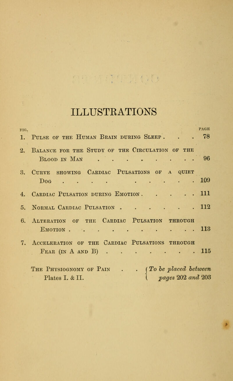 ILLUSTRATIONS FIG. PAGE 1. Pulse of the Human Brain during Sleep ... 78 2. Balance for the Study of the Circulation of the Blood in Man 96 3. Curve showing Cardiac Pulsations of a quiet Dog ... . 109 4. Cardiac Pulsation during Emotion Ill 5. Normal Cardiac Pulsation 112 6. Alteration of the Cardiac Pulsation through Emotion 113 7. Acceleration of the Cardiac Pulsations through Fear (in A and B) 115 The Physiognomy of Pain . . (To be 2>l<^ced hehueen Plates I. & II. 1 :pages 202 and 203