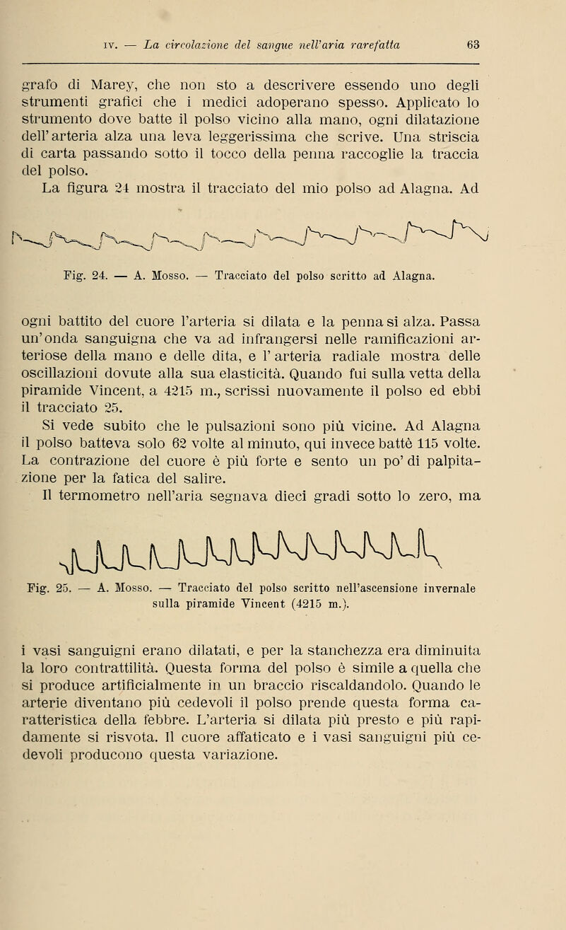 grafo di Marey, che non sto a descrivere essendo uno degli strumenti grafici che i medici adoperano spesso. Applicato lo strumento dove batte il polso vicino alla mano, ogni dilatazione dell'arteria alza una leva leggerissima che scrive. Una striscia di carta passando sotto il tocco della penna raccoglie la traccia del polso. La figura 24 mostra il tracciato del mio polso ad Alagna. Ad Fig. 24. — A. Mosso. — Tracciato del polso scritto ad Alagna. ogni battito del cuore l'arteria si dilata e la penna si alza. Passa un'onda sanguigna che va ad infrangersi nelle ramificazioni ar- teriose della mano e delle dita, e 1' arteria radiale mostra delle oscillazioni dovute alla sua elasticità. Quando fui sulla vetta della piramide Vincent, a 4215 m.7 scrissi nuovamente il polso ed ebbi il tracciato 25. Si vede subito che le pulsazioni sono più vicine. Ad Alagna il polso batteva solo 62 volte al minuto, qui invece battè 115 volte. La contrazione del cuore è più forte e sento un po' di palpita- zione per la fatica del salire. Il termometro nell'aria segnava dieci gradi sotto lo zero, ma Pig. 25. — A. Mosso. — Tracciato del polso scritto nell'ascensione invernale sulla piramide Vincent (4215 m.). i vasi sanguigni erano dilatati, e per la stanchezza era diminuita la loro contrattilità. Questa forma del polso è simile a quella che si produce artificialmente in un braccio riscaldandolo. Quando le arterie diventano più cedevoli il polso prende questa forma ca- ratteristica della febbre. L'arteria si dilata più presto e più rapi- damente si risvota. Il cuore affaticato e i vasi sanguigni più ce- devoli producono questa variazione.