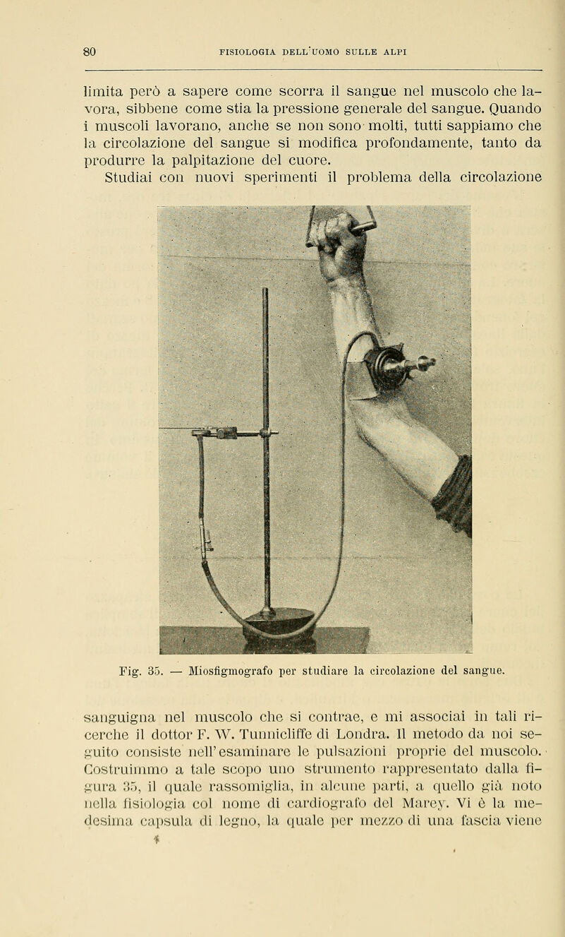 limita però a sapere come scorra il sangue nel muscolo che la- vora, sibbene come stia la pressione generale del sangue. Quando i muscoli lavorano, anche se non sono'molti, tutti sappiamo che la circolazione del sangue si modifica profondamente, tanto da produrre la palpitazione del cuore. Studiai con nuovi sperimenti il problema della circolazione Fig. 35. — Miosfigmografo per studiare la circolazione del sangue. sanguigna nel muscolo che si contrae, e mi associai in tali ri- cerche il dottor F. W. Tunnicliffe di Londra. Il metodo da noi se- guito consiste neh esaminare le pulsazioni proprie del muscolo. Costruimmo a tale scopo uno strumento rappresentato dalla fi- gura 35, il quale rassomiglia, in alcune parti, a quello già noto nella fisiologia col nome di cardiografo del Marey, Vi è la me- desima capsula di legno, la quale per mezzo di una fascia viene