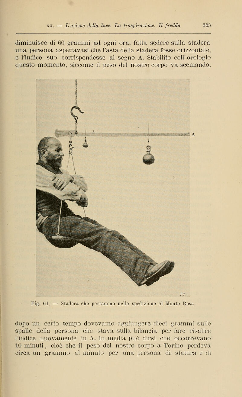 diminuisce di 60 grammi ad ogni ora, fatta sedere sulla stadera una persona aspettavasi che l'asta della stadera fosse orizzontale, e l'indice suo corrispondesse al segno A. Stabilito coli'orologio questo momento, siccome il peso del nostro corpo va scemando, 'A ET, Fig. 61. — Stadera che portammo nella spedizione al 31onte Rosa. dopo un certo tempo dovevamo aggiungere dieci grammi sulle spalle della persona che stava sulla bilancia per fare risalire l'indice nuovamente in A. In media può dirsi che occorrevano 10 minuti, cioè che il peso del nostro corpo a Torino perdeva circa un grammo al minuto per una persona di statura e di