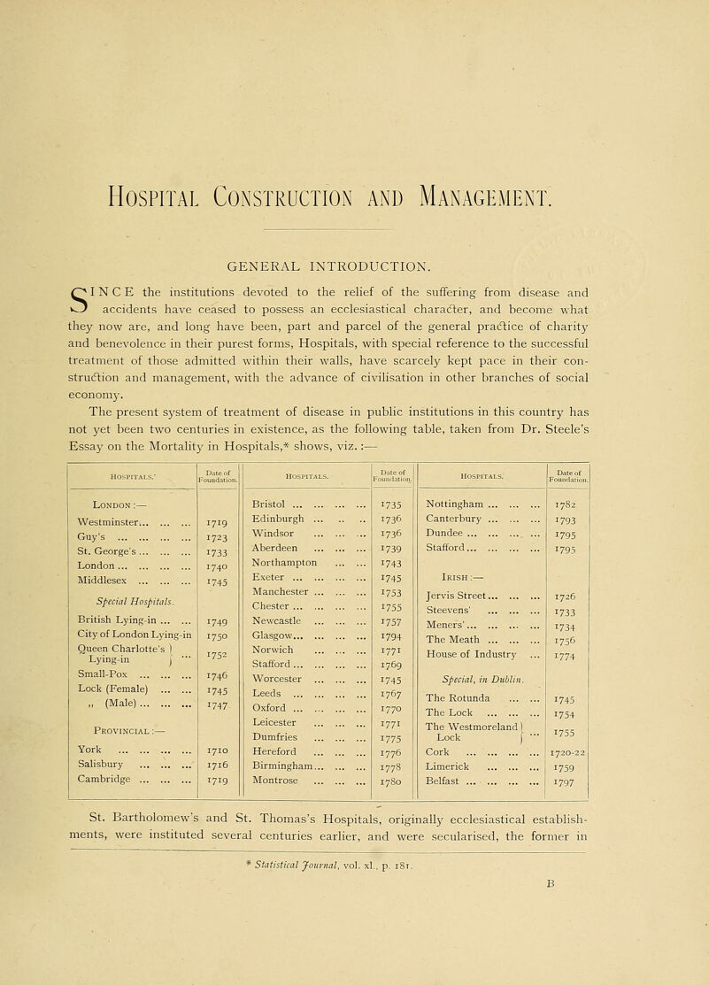 Hospital Construction and Management GENERAL INTRODUCTION. SINCE the institutions devoted to the relief of the suffering from disease and accidents have ceased to possess an ecclesiastical character, and become what they now are, and long have been, part and parcel of the general practice of charit}? and benevolence in their purest forms, Hospitals, with special reference to the successful treatment of those admitted within their walls, have scarcely kept pace in their con- struction and management, with the advance of civilisation in other branches of social economy. The present system of treatment of disease in public institutions in this country has not yet been two centuries in existence, as the following table, taken from Dr. Steele's Essay on the Mortality in Hospitals,* shows, viz.:— Hospitals. Date of Foundation. HOSPITALS. Date of Foundation. HOSPITALS. Date of Foundation. London :— Bristol 1735 Nottingham 1782 Westminster... 1719 Edinburgh 1736 Canterbury 1793 Guy's I723 Windsor 1736 Dundee ... 1795 St. George's 1733 Aberdeen 1739 Stafford 1795 London I74O Northampton 1743 Middlesex :745 Exeter 1745 Irish :— Special Hospitals. Manchester Chester 1753 !755 Jervis Street Steevens' I726 1733 British Lying-in !749 Newcastle *757 Meners' T734 1756 1774 City of London Lying-in 1750 Glasgow 1794 The Meath Queen Charlotte's ) Lying-in } - 1752 Norwich Stafford 1771 1769 House of Industry Small-Pox 1746 Worcester 1745 Special, in Dublin. Lock (Female) „ (Male) J745 J747 Leeds Oxford 1767 1770 The Rotunda The Lock 1745 1754 Provincial :— Leicester Dumfries 1771 1775 The Westmoreland) Lock | J755 York 1710 Hereford 1776 Cork 1720-22 Salisbury 1716 Birmingham 1778 Limerick 1759 Cambridge 1719 Montrose 17S0 Belfast ... 1797 St. Bartholomew's and St. Thomas's Hospitals, originally ecclesiastical establish- ments, were instituted several centuries earlier, and were secularised, the former in Statistical Journal, vol. xl., p.