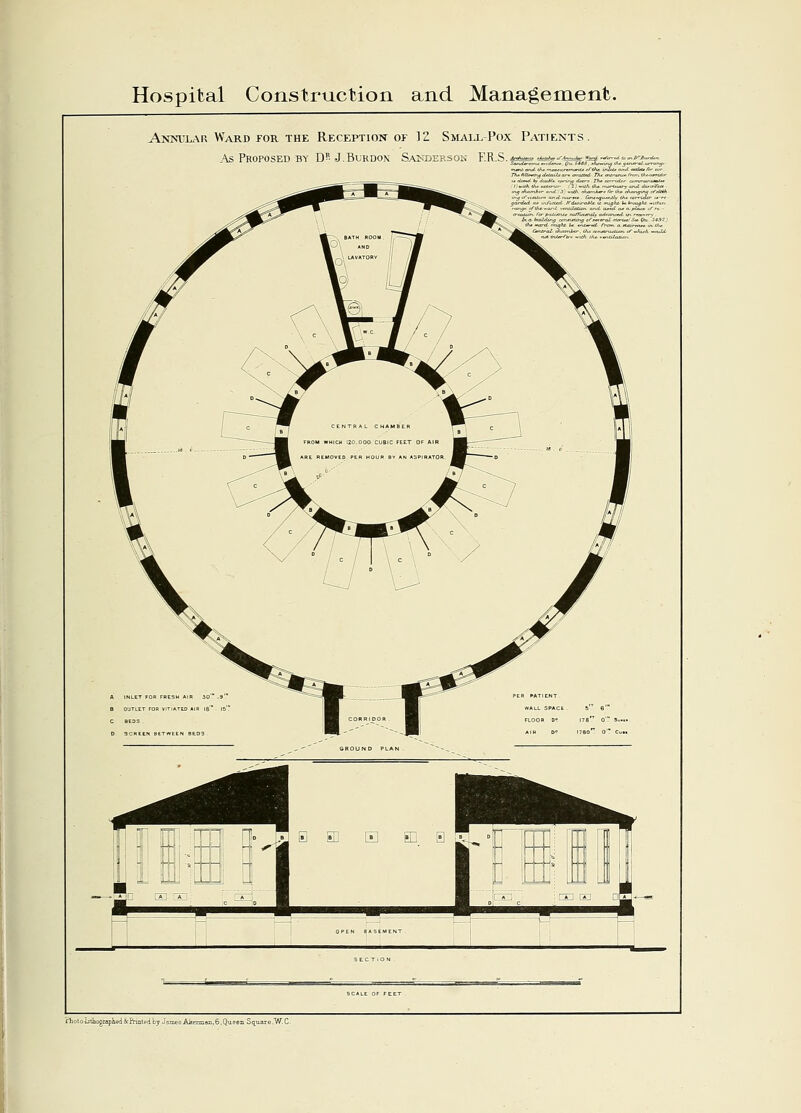 Annular Ward for the Reception or 12 Small-Pox Patients. As Proposed by D* J.Burdon Sakdersok F.R.S.^^'-^- Ward rWv.d It viDVunlta Th+ Albwy AiajJa arm rrraiatl Thi atlrancn /rent rJir-etrrut-r ■' -*UBnhmTj ter th* ehajwjvvi nfejftn. gajll&d. Of irtfttrttft IFdtjiraMt u rrughi it hmaght, —tthirt, alitjx /tr d-iJ,**<i* w/TZatruIy <uiarv*>aL t/t rtr&*rr\ . Ina- fanJehruj cetwstnTg fftrteroL 31m&r: St* {tit S4SZt A INLET FOR FRESH AIR 30 . -9 . B OUTLET FOR VITIATED AIR 18' 15' C BEOS D SCREEN BETWEEN BtDS PER PATIENT wall space a e' FLOOR D« ITS O'!* 3«. AIR D» 1780 0 Cui GROUND PLAN SECTION . SCALE OF FEET clioto Jjuiographed & Printedby Jamee Ahennan,6,Queen Square/W C