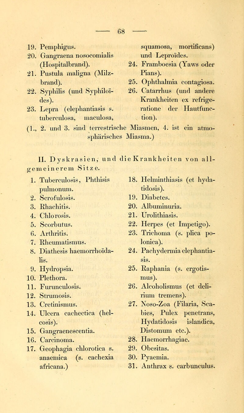 19. Pemphigus. 20. Gangraena nosocomialis (Hospitalbrand). 21. Pustula maligna (Milz- brand). 22. Syphilis (und Sypliiloi- des). 23. Lepra (elephantiasis s. tuberculosa, maculosa, squamosa, mortificans) und Leproides. 24. Framboesia (Yaws oder Pians). 25. Ophthalmia contagiosa. 26. Catarrhus (und andere Krankheiten ex refrige- ratione der Hautfunc- tion). (1., 2. und 3. sind terrestrische Miasmen, 4. ist ein atmo- sphärisches Miasma.) 2:e II. D y s k r a s i e n, und meinerem Sitze. die Krankheiten von all- 1. Tuberculosis, Phthisis 18. Helminthiasis (et hyda- pulmonum. tidosis). 2. Scrofulosis. 19. Diabetes. 3. Rhachitis. 20. Albuminuria. 4. Chlorosis. 21. Urolithiasis. 5. Scorbutus. 22. Herpes (et Impetigo). 6. Arthritis. 23. Trichoma (s. phca po- 7. Rheumatismus. lonica). 8. Diathesis haemorrhoida- 24. Pachydermia elephantia- Us. sis. 9. Hydropsia. 25. Raphania (s. ergotis- 10. Plethora. mus). 11. Furunculosis. 26. Alcoholismus (et deli- 12. Strumosis. rium tremens). 13. Cretinismus. 27. Noso-Zoa (Filaria, Sca- 14. Ulcera cachectica (hei- bies, Pulex penetrans, cosis). ^ Hydatidosis islandica. 15. Gangraenescentia. Distomum etc.). 16. Carcinoma. 28. Haemorrhagiae. 17. Geophagia chlorot Ica s. 29. Obesitas. anaemica (s. cachexia 30. Pyaemia. africana.) 31. Anthrax s. carbimculus.