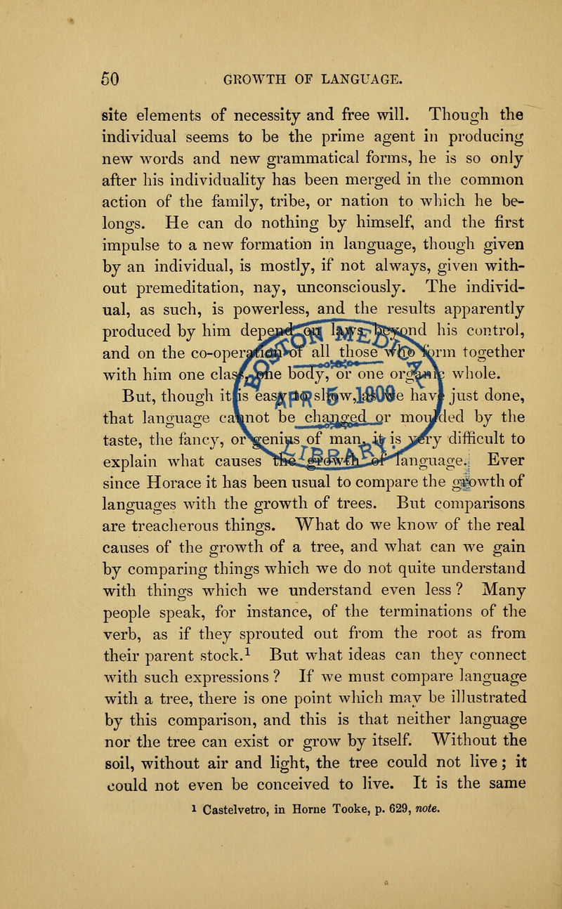 site elements of necessity and free will. Though the individual seems to be the prime agent in producing new words and new grammatical forms, he is so only after his individuality has been merged in the common action of the family, tribe, or nation to which he be- longs. He can do nothing by himself, and the first impulse to a new formation in language, though given by an individual, is mostly, if not always, given with- out premeditation, nay, unconsciously. The individ- ual, as such, is powerless, and the results apparently produced by him depejii«*^[ if^gfe^QJid his control, and on the co-opei^id^>of all those_wi3>Nbrm together with him one cla^^Sie body, or one or^wJb whole. But, though itCs easl|rp([i{sl§w,1^09e havl just done, that language cannot be cha^^g^d or modeled by the taste, the fancy, o^^nius of man. ijfr is^^y difficult to explain what causes rfei^^^JSe^^^nguage.j Ever since Horace it has been usual to compare the ^^owth of languages with the growth of trees. But comparisons are treacherous things. What do we know of the real causes of the growth of a tree, and what can we gain by comparing things which we do not quite understand with things which we understand even less ? Many people speak, for instance, of the terminations of the verb, as if they sprouted out from the root as from their parent stock.^ But what ideas can they connect with such expressions ? If we must compare language with a tree, there is one point which may be illustrated by this comparison, and this is that neither language nor the tree can exist or grow by itself. Without the soil, without air and light, the tree could not live; it could not even be conceived to live. It is the same 1 Castelvetro, in Home Tooke, p. 629, note.