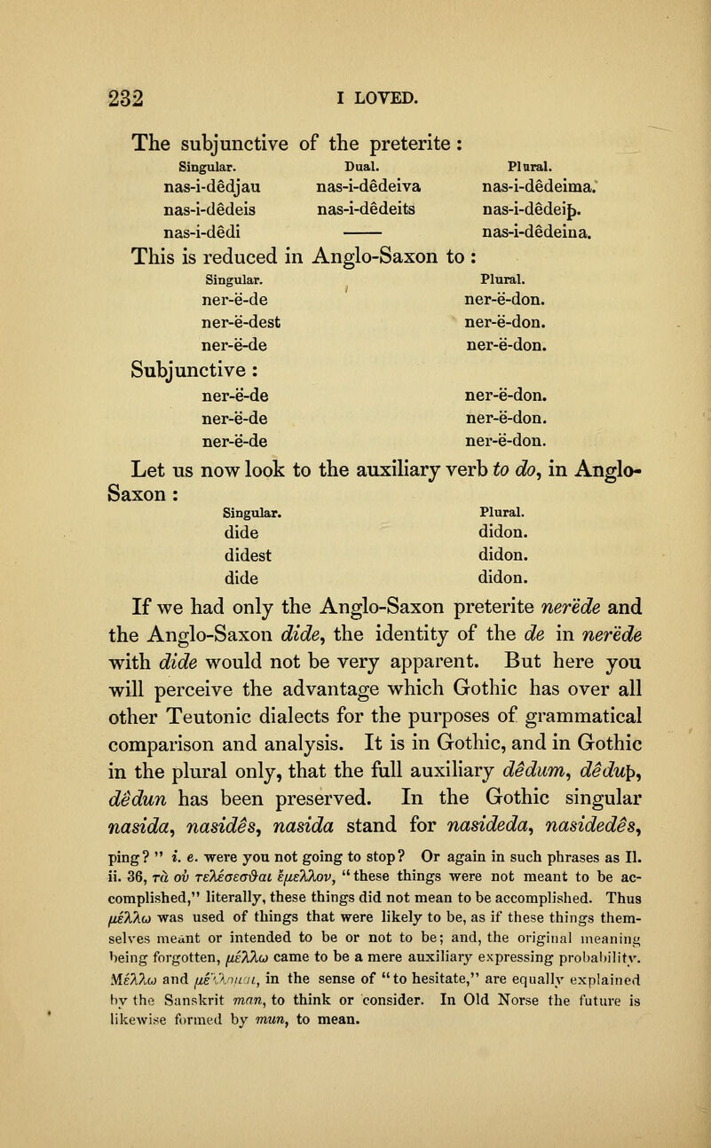 The subjunctive of the preterite: Singular. Dual. Plural, nas-i-dedjau nas-i-dedeiva nas-i-dedeima. nas-i-dedeis nas-i-dedeits nas-i-dedeij). nas-i-dedi nas-i-dedeina. This is reduced in Anglo-Saxon to : Singular. Plural, ner-e-de ner-e-don. ner-e-dest ner-e-don. ner-e-de ner-e-don. Subjunctive: ner-e-de ner-e-don. ner-e-de ner-e-don. ner-e-de ner-e-don. Let us now look to the auxiliary verb to do, in Anglo- Saxon : Singular. Plural, dide didon. didest didon. dide didon. If we had only the Anglo-Saxon preterite nerede and the Anglo-Saxon dide, the identity of the de in nerede with dide would not be very apparent. But here you will perceive the advantage which Gothic has over all other Teutonic dialects for the purposes of grammatical comparison and analysis. It is in Gothic, and in Gothic in the plural only, that the full auxiliary dedum, dedu^, dedun has been preserved. In the Gothic singular nasida, nasides, nasida stand for nasideda, nasidedes, ping?  i. e. were you not going to stop? Or again in such phrases as II. ii. 36, Ta ov reMaea^ai e/xeXkov,  these things were not meant to be ac- complished, literally, these things did not mean to be accomplished. Thus fiiXko) was used of things that were likely to be, as if these things them- selves meant or intended to be or not to be; and, the original meaning being forgotten, fiiTilo) came to be a mere auxiliary expressing probability. M.£l?M and [j,e\'A,nuai, in the sense of to hesitate, are equally explained by the Sanskrit man, to think or consider. In Old Norse the future is likewise formed by mun, to mean.