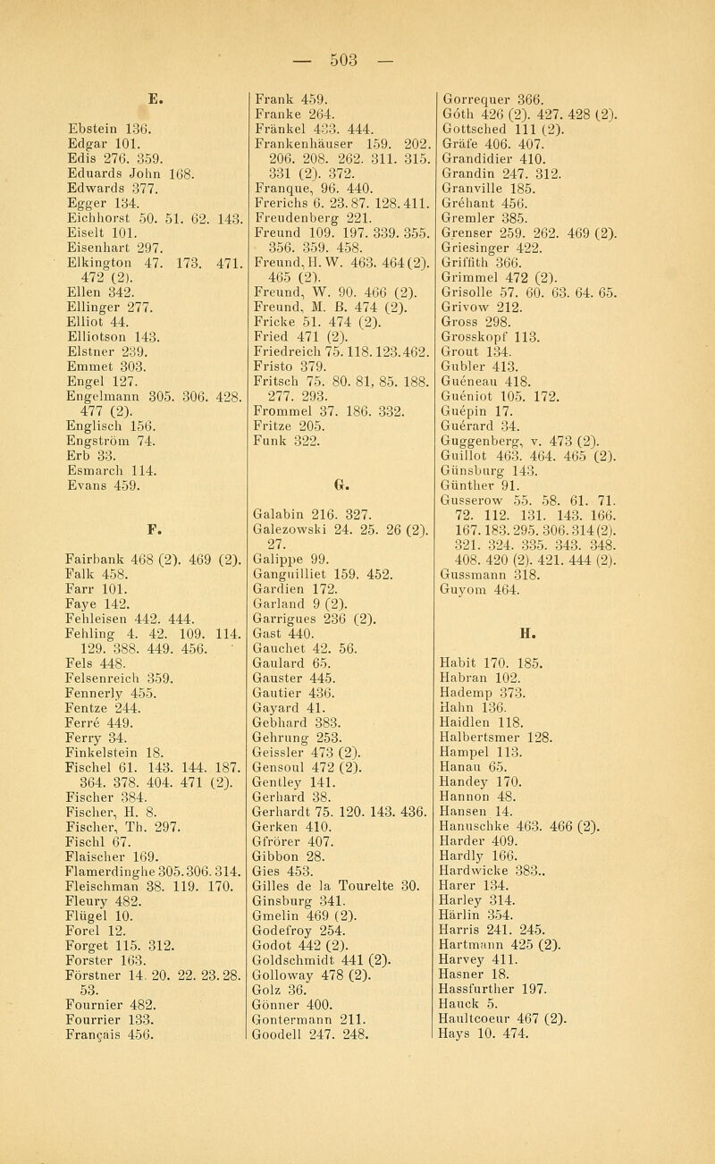 E. Ebstein 136. Edgar 101. Edis 276. 359. Eduards John 168. Edwards 377. Egger 134. Eichhorst 50. 51. 62. 143. Eiselt 101. Eisenhart 297. Elkington 47. 173. 471. 472 (2). Ellen 342. Ellinger 277. Elliot 44. Elliotson 143. Elstner 239. Emmet 303. Engel 127. Engelmann 305. 306. 428. 477 (2). Englisch 156. Engström 74. Erb 33. Esmarch 114. Evans 459. F. Fairbank 468 (2). 469 (2). Falk 458. Farr 101. Faye 142. Fehleisen 442. 444. Fehling 4. 42. 109. 114. 129. 388. 449. 456. Fels 448. Felsenreich 359. Fennerly 455. Fentze 244. Ferre 449. Ferry 34. Finkelstein 18. Fischel 61. 143. 144. 187. 364. 378. 404. 471 (2). Fischer 384. Fischer, H. 8. Fischer, Th. 297. Fischl 67. Flaischer 169. Flamerdinghe 305.306.314. Fleischman 38. 119. 170. Fleury 482. Flügel 10. Forel 12. Forget 115. 312. Forster 163. Förstner 14, 20. 22. 23. 28. 53. Fournier 482. Fourrier 133. Francais 456. Frank 459. Franke 264. Frankel 433. 444. Frankenhäuser 159. 202 206. 208. 262. 311. 315 331 (2). 372. Franque, 96. 440. Frerichs 6. 23.87. 128.411. Freudenberg 221. Freund 109. 197. 339. 355. 356. 359. 458. Freund,H.W. 463. 464(2). 465 (2). Freund, W. 90. 466 (2). Freund, M. B. 474 (2). Fricke 51. 474 (2). Fried 471 (2). Friedreich 75.118.123.462. Fristo 379. Fritsch 75. 80. 81, 85. 188. 277. 293. Frommel 37. 186. 332. Fritze 205. Funk 322. G. Galabin 216. 327. Galezowski 24. 25. 26 (2). 27. Galippe 99. Ganguilliet 159. 452. Gardien 172. Garland 9 (2). Garrigues 236 (2). Gast 440. Gauchet 42. 56. Gaulard 65. Gauster 445. Gautier 436. Gayard 41. Gebhard 383. Gehrung 253. Geissler 473 (2). Gensoul 472 (2). GenHey 141. Gerhard 38. Gerhardt 75. 120. 143. 436. Gerken 410. Gfrörer 407. Gibbon 28. Gies 453. Gilles de la Tourelte 30. Ginsburg 341. Gmelin 469 (2). Godefroy 254. Godot 442 (2). Goldschmidt 441 (2). Golloway 478 (2). Golz 36. Gönner 400. Gontermann 211. Goodell 247. 248. Gorrequer 366. Göth 426 (2). 427. 428 (2). Gottsched 111 (2). Gräfe 406. 407. Grandidier 410. Grandin 247. 312. Granville 185. Grehant 456. Gremier 385. Grenser 259. 262. 469 (2). Griesinger 422. Griffith 366. Grimmel 472 (2). Grisolle 57. 60. 63. 64. 65. Grivow 212. Gross 298. Grosskopf 113. Grout 134. Gubler 413. Gueneau 418. Gueniot 105. 172. Guepin 17. Guerard 34. Guggenberg, v. 473 (2). Guillot 463. 464. 465 (2). Günsburg 143. Günther 91. Gusserow 55. 58. 61. 71. 72. 112. 131. 143. 166. 167.183.295.306.314(2). 321. 324. 335. 343. 348. 408. 420 (2). 421. 444 (2). Gussmann 318. Guyom 464. H. Habit 170. 185. Habran 102. Hademp 373. Hahn 136. Haidien 118. Halbertsmer 128. Hampel 113. Hanau 65. Handey 170. Hannon 48. Hansen 14. Hanuschke 463. 466 (2). Härder 409. Hardly 166. Hardwicke 383.. Harer 134. Harley 314. Härlin 354. Harris 241. 245. Hartmann 425 (2). Harvey 411. Hasner 18. Hassfurther 197. Hauck 5. Haultcoeur 467 (2). Hays 10. 474.