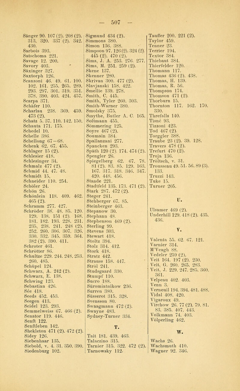 Sänger 90. 107 (2). 208 (2). 313. 320. 337 (2). 342. 430. Sarbois 393. Satschoma 221. Savage 12. 200. Savoiy 403. Säxinger 327. Saxtorph 126. Scanzorn 46. 49. 61. 100. 102. 161. 255. 265. 289. 293. 297. 301. 319. 351. 378. 390. 403. 424. 457. Scarpa 371. Schäfer 110. Scharlau 238. 369. 459. 473 (2). Schatz 5. 37. 110. 142. 150. Schauta 171. 175. Schedel 10. Schelle 386. Schellong 67-68. Schenk 62. 67. 455. Schlager 15 (2). Schlesier 418. Schlesinger 34. Schmalz 477 (2). Schmid 44. 47. 48. Schmidt 15, Schneider 110. 254. Schöler 24. Schön 26. Schönlein 118. 409. 462. 465 (2). Schramm 277. 427. Schröder 38. 48. 85. 120. 129. 138. 151 (2). 168. 181. 182. 193. 228. 231. 235. 238. 241. 248 (2). 252. 260. 306. 307. 326. 330. 332. 345. 359. 364. 382 (2). 390. 411. Schroter 461. Schrötter 86. Schultze 229. 244. 248. 253. 260. 485. Schüpel 124. Schwarz, A. 242 (2). Schwarz, E. 138. Schwing 123. Sebastian 426. See 418. Seeds 452. 453. Seegen 413. Seidel 123. 293. Semmelweiss 67. 466 (2). Senator 119. 446. Senft 122. Senftleben 142. Shekleton 471 (2). 472 (2). Sidey 126. Siebenhaar 135. Siebold, v. 4. 31. 350. 390. Siedenburg 102. Sigmund 434 (2). Simmons 380. Simon 136. 388. Simpson 97. 126(2). 324(2). 445 (2). 470 (2). Sims, J. A. 253. 276. 277. Sims, M. 251. 259 (2). Skene 137. Skenner 280. Skrivan 300. 477 (2). Slavjanski 158. 422. Smellie 139. 278. Smith, C. 445. Smith, Tyler 260. 303. Smith-Warner 380. Smolsky 375. Smythe, Butler A. C. 165. Soltmann 455. Sömmering 125. Soyre 467 (2). Soumain 384. Spallanzani 277. Spancken 293. Späth 120 (2). 174. 474 (2). Spengler 26. Spiegelberg 62. 67. 78. 81 (2). 83. 85. 129. 163. 167. 317. 318. 346. 347. 420. 448. 456. Staade 221. Stadtfeld 135. 173. 471 (2). Stark 287. 472 (2). Steger 241. Stehberger 67. 85. Steinberger 463. Stepanow 30. Stephann 48. Stephenson 469 (2). Sterling 99. Stevens 303. Stewart 418. Stoltz 394. Stolz 314. 412. Stork 418. Stratz 442. Strauss 158. 447. Ströl 241. Studsgaard 330. Stumpf 110. Sucro 188. Süromiatnikow 236. Surren 380. Süsserot 315. 328. Svensson 80. Swaagmann 472 (2). Swayne 483. Sydney-Turner 334. T. Tait 181. 439. 463. Talaczino 315. Tarnier 315. 322. 472 (2). Tarnowsky 112. Tauffer 200. 221 (2). Taylor 459. Tenner 23. Terrier 194. Textor 384. Thiebaut 384. Thierfelder 120. Thomann 117. Thomas 436 (2). 438. Thomas, H. 139. Thomas, R. 56. Thompson 174. Thomson 471 (2). Thorburn 15. Thornton 117. 162. 170. 330. Threfalls 140. Tisne 93. Tizzoni 423. Tod 467 (2). Torggler 388. Traube 23 (2). 39. 128. Travers 478 (2). Trefurt 470 (2). Troja 136. Trö'ltsch, v. 31. Trousseau 49. 51. 56. 89 (3). 133. Truzzi 143. Tuke 15. Turner 205. U. Ulsamer 469 (2). Underhill 129. 418 (2). 435. 436. V. Valenta 55. 62. 67. 121. Varnier 314. M'Veagh 88. Vedeler 259 (2). Veit 164. 197 (2). 230. Veit, G. 260. 265. 283. Veit, J. 229. 247. 285. 360. 361. Velpeau 402. 403. Venu 3. Verneuil 194. 394. 481. 488. Vidal 408. 420. Vigaroux 49. Virchow 26. 77 (2). 79. 81. 83. 385. 407. 443. Volkmann 74. 403. Völperling 462. W. Wachs 26. Wachsmuth 410. Wagner 92. 346.