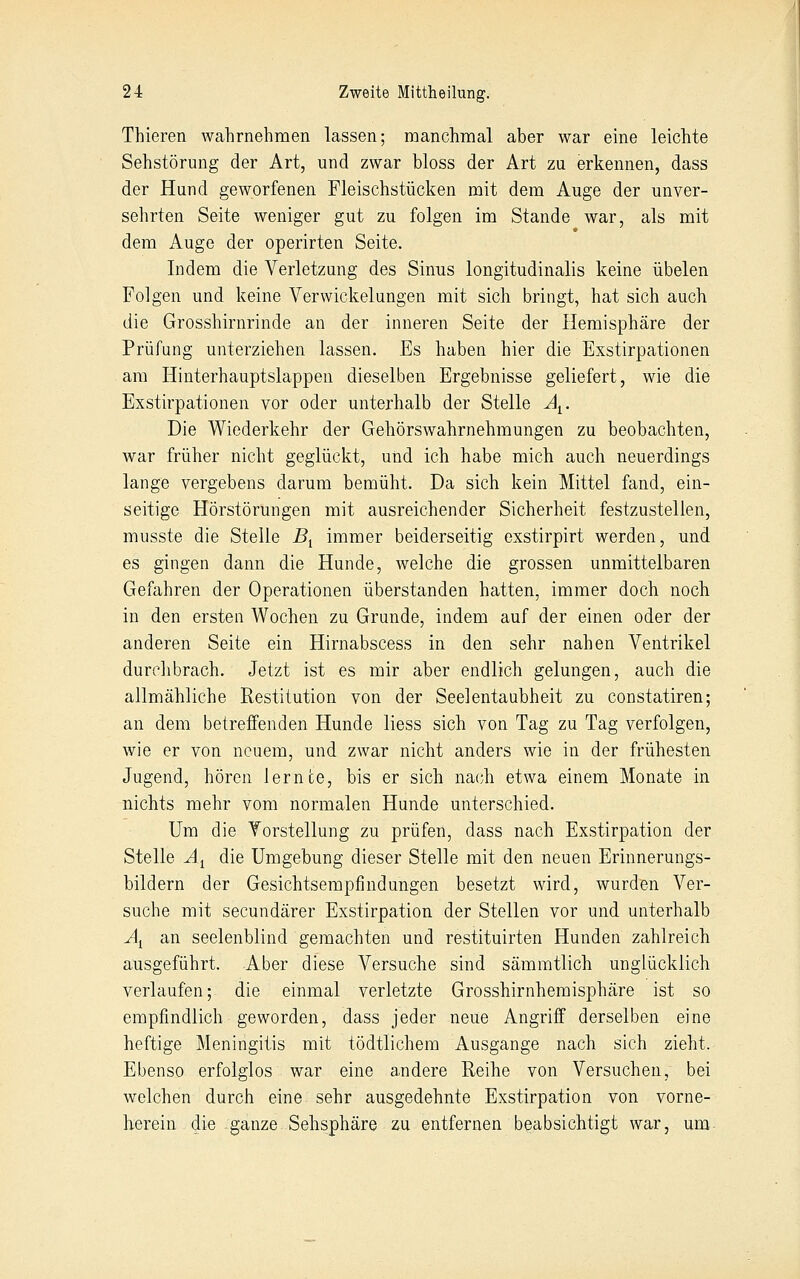 Thieren wahrnehmen lassen; manchmal aber war eine leichte Sehstörung der Art, und zwar bloss der Art zu erkennen, dass der Hund geworfenen Fleischstücken mit dem Auge der unver- sehrten Seite weniger gut zu folgen im Stande war, als mit dem Auge der operirten Seite. Indem die Verletzung des Sinus longitudinalis keine übelen Folgen und keine Verwickelungen mit sich bringt, hat sich auch die Grosshirnrinde an der inneren Seite der Hemisphäre der Prüfung unterziehen lassen. Es haben hier die Exstirpationen am Hinterhauptslappen dieselben Ergebnisse geliefert, wie die Exstirpationen vor oder unterhalb der Stelle A^. Die Wiederkehr der Gehörs Wahrnehmungen zu beobachten, war früher nicht geglückt, und ich habe mich auch neuerdings lange vergebens darum bemüht. Da sich kein Mittel fand, ein- seitige Hörstörungen mit ausreichender Sicherheit festzustellen, musste die Stelle B^ immer beiderseitig exstirpirt werden, und es gingen dann die Hunde, welche die grossen unmittelbaren Gefahren der Operationen überstanden hatten, immer doch noch in den ersten Wochen zu Grunde, indem auf der einen oder der anderen Seite ein Hirnabscess in den sehr nahen Ventrikel durchbrach. Jetzt ist es mir aber endlich gelungen, auch die allmähliche Restitution von der Seelentaubheit zu constatiren; an dem betreffenden Hunde liess sich von Tag zu Tag verfolgen, wie er von neuem, und zwar nicht anders wie in der frühesten Jugend, hören lernte, bis er sich nach etwa einem Monate in nichts mehr vom normalen Hunde unterschied. Um die Vorstellung zu prüfen, dass nach Exstirpation der Stelle Jj die Umgebung dieser Stelle mit den neuen Erinnerungs- bildern der Gesichtserapfindungen besetzt wird, wurden Ver- suche mit secundärer Exstirpation der Stellen vor und unterhalb A^ an seelenblind gemachten und restituirten Hunden zahlreich ausgeführt. Aber diese Versuche sind sämmtlich unglücklich verlaufen; die einmal verletzte Grosshirnhemisphäre ist so empfindlich geworden, dass jeder neue Angriff derselben eine heftige Meningitis mit tödtlichem Ausgange nach sich zieht. Ebenso erfolglos war eine andere Reihe von Versuchen, bei welchen durch eine sehr ausgedehnte Exstirpation von vorne- herein die ganze Sehsphäre zu entfernen beabsichtigt war, um