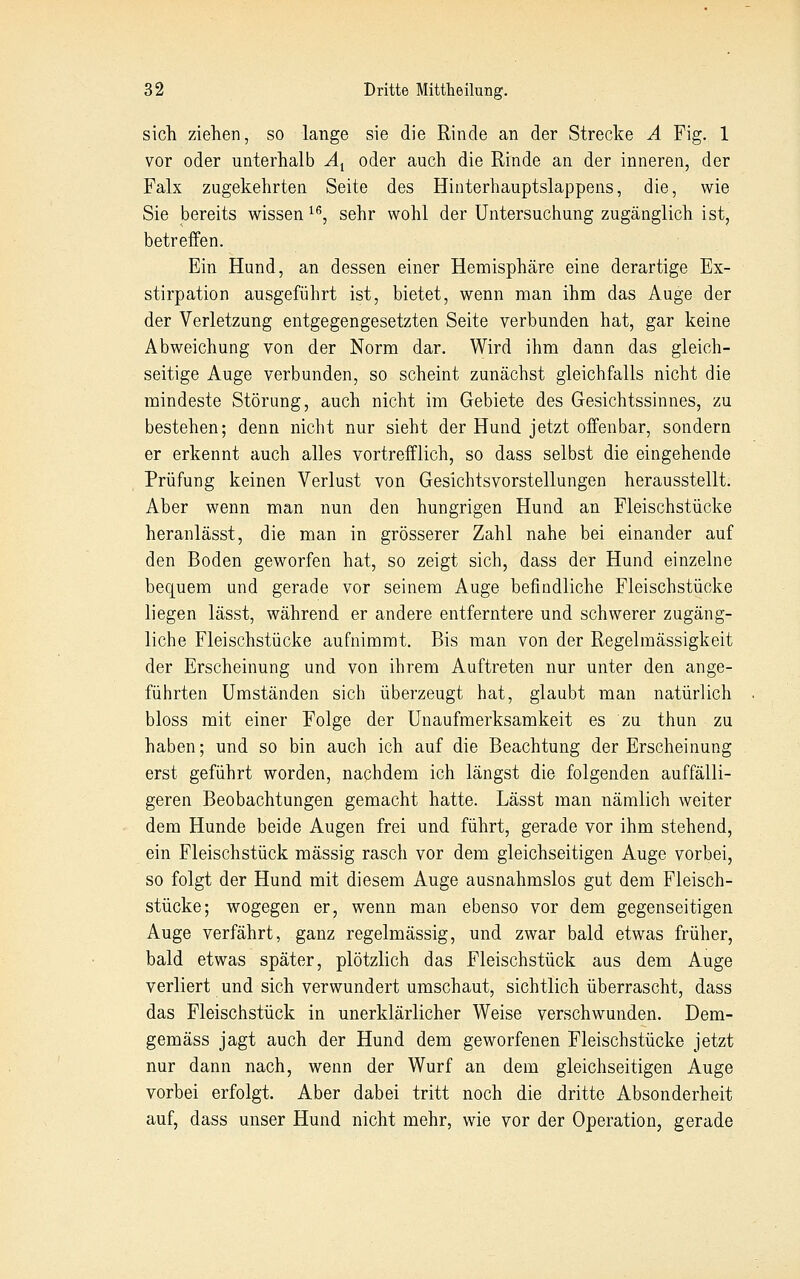 sich ziehen, so lange sie die Rinde an der Strecke A Fig. 1 vor oder unterhalb ^^ oder auch die Rinde an der inneren, der Falx zugekehrten Seite des Hinterhauptslappens, die, wie Sie bereits wissen ^^, sehr wohl der Untersuchung zugänglich ist, betreifen. Ein Hund, an dessen einer Hemisphäre eine derartige Ex- stirpation ausgeführt ist, bietet, wenn man ihm das Auge der der Verletzung entgegengesetzten Seite verbunden hat, gar keine Abweichung von der Norm dar. Wird ihm dann das gleich- seitige Auge verbunden, so scheint zunächst gleichfalls nicht die mindeste Störung, auch nicht im Gebiete des Gesichtssinnes, zu bestehen; denn nicht nur sieht der Hund jetzt offenbar, sondern er erkennt auch alles vortrefflich, so dass selbst die eingehende Prüfung keinen Verlust von Gesichtsvorstellungen herausstellt. Aber wenn man nun den hungrigen Hund an Fleischstücke heranlässt, die man in grösserer Zahl nahe bei einander auf den Boden geworfen hat, so zeigt sich, dass der Hund einzelne bequem und gerade vor seinem Auge befindliche Fleischstücke liegen lässt, während er andere entferntere und schwerer zugäng- liche Fleischstücke aufnimmt. Bis man von der Regelmässigkeit der Erscheinung und von ihrem Auftreten nur unter den ange- führten Umständen sich überzeugt hat, glaubt man natürlich bloss mit einer Folge der Unaufmerksamkeit es zu thun zu haben; und so bin auch ich auf die Beachtung der Erscheinung erst geführt worden, nachdem ich längst die folgenden auffälli- geren Beobachtungen gemacht hatte. Lässt man nämlich weiter dem Hunde beide Augen frei und führt, gerade vor ihm stehend, ein Fleischstück massig rasch vor dem gleichseitigen Auge vorbei, so folgt der Hund mit diesem Auge ausnahmslos gut dem Fleisch- stücke; wogegen er, wenn man ebenso vor dem gegenseitigen Auge verfährt, ganz regelmässig, und zwar bald etwas früher, bald etwas später, plötzlich das Fleischstück aus dem Auge verliert und sich verwundert umschaut, sichtlich überrascht, dass das Fleischstück in unerklärlicher Weise verschwunden. Dem- gemäss jagt auch der Hund dem geworfenen Fleischstücke jetzt nur dann nach, wenn der Wurf an dem gleichseitigen Auge vorbei erfolgt. Aber dabei tritt noch die dritte Absonderheit auf, dass unser Hund nicht mehr, wie vor der Operation, gerade