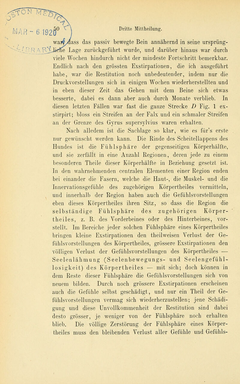 (\/'A p »- a inoA^ \ Dritte Mittheilung. waiif/aass das passiv bewegte Bein annähernd in seine ursprüng- ■-!---^■U--'?A^RXJ*die Lage zurückgeführt wurde, und darüber hinaus war durch viele Wochen hindurch nicht der mindeste Fortschritt bemerkbar. Endlich nach den grössten Exstirpationen, die ich ausgeführt habe, war die Restitution noch unbedeutender, indem nur die Druckvorstellungen sich in einigen Wochen wiederherstellten und in eben dieser Zeit das Gehen mit dem Beine sich etwas besserte, dabei es dann aber auch durch Monate verblieb. In diesen letzten Fällen war fast die ganze Strecke D Fig. 1 ex- stirpirt; bloss ein Streifen an der Falx und ein schmaler Streifen an der Grenze des Gyrus supersylvius waren erhalten. Nach alledem ist die Sachlage so klar, wie es für's erste nur gewünscht werden kann. Die Rinde des Scheitellappens des Hundes ist die Fühlsphäre der gegenseitigen Körperhälfte, und sie zerfällt in eine Anzahl Regionen, deren jede zu einem besonderen Theile dieser Körperhälfte in Beziehung gesetzt ist. In den wahrnehmenden centralen Elementen einer Region enden bei einander die Fasern, welche die Haut-, die Muskel- und die Innervationsgefühle des zugehörigen Körpertheiles vermitteln, ^ und innerhalb der Region haben auch die Gefühlsvorstellungen eben dieses Körpertheiles ihren Sitz, so dass die Region die selbständige Fühlsphäre des zugehörigen Körper- theiles, z. B. des Vorderbeines oder des Hinterbeines, vor- stellt. Im Bereiche jeder solchen Fühlsphäre eines Körpertheiles bringen kleine Exstirpationen den theilweisen Verlust der Ge- fühlsvorstellungen des Körpertheiles, grössere Exstirpationen den völligen Verlust der Gefühlsvorstellungen des Körpertheiles — Seelenlähmung (Seelenbewegungs- und Seelengefühl- losigkeit) des Körpertheiles — mit sich; doch können in dem Reste dieser Fühlsphäre die Gefühlsvorstellungen sich von neuem bilden. Durch noch grössere Exstirpationen erscheinen auch die Gefühle selbst geschädigt, und nur ein Theil der Ge- fühlsvorstellungen vermag sich wiederherzustellen; jene Schädi- gung und diese Unvollkommenheit der Restitution sind dabei desto grösser, je weniger von der Fühlsphäre noch erhalten blieb. Die völlige Zerstörung der Fühlsphäre eines Körper- theiles muss den bleibenden Verlust aller Gefühle und Gefühls-