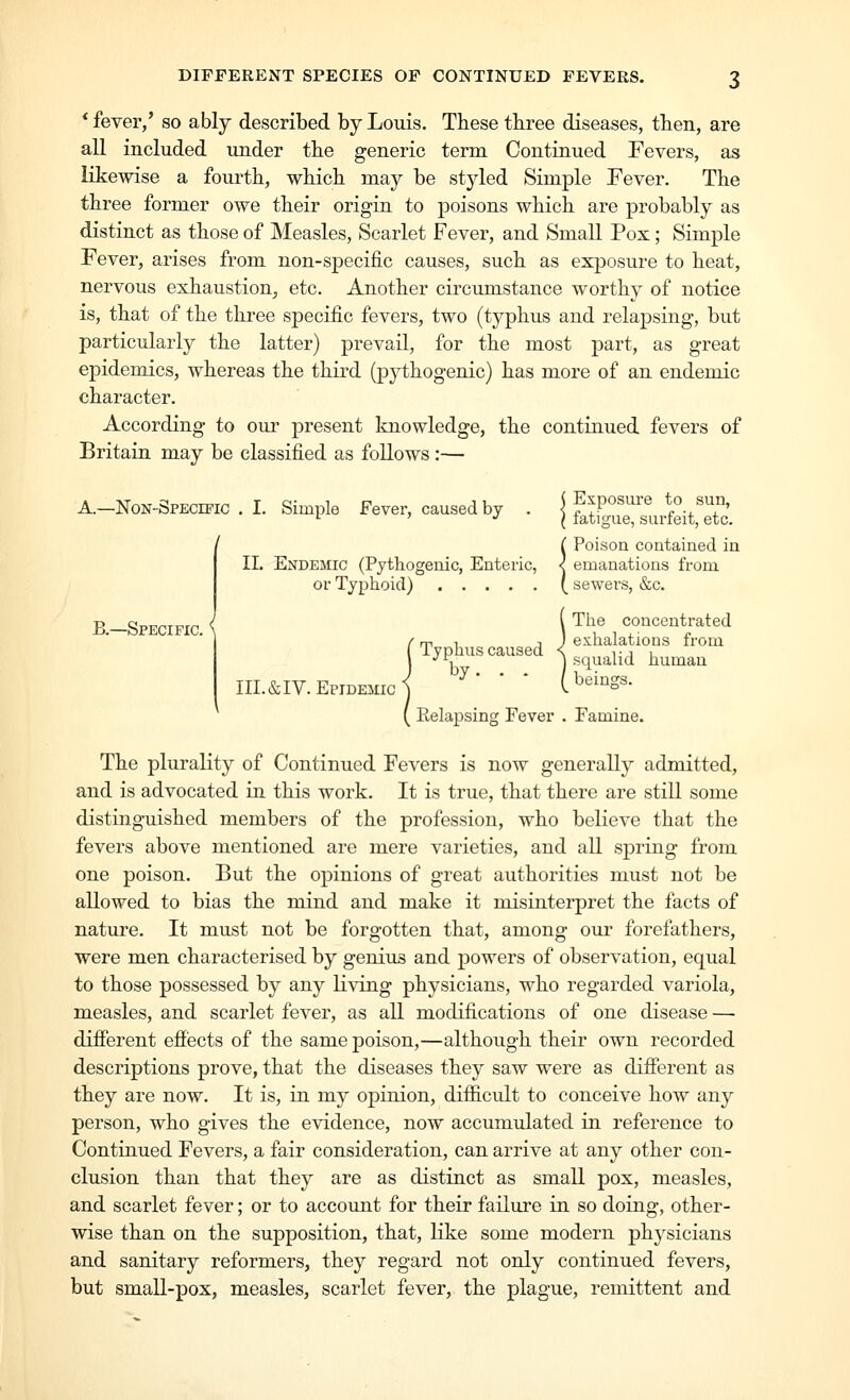 * fever,' so ably described by Louis. These three diseases, then, are all included under the generic term Continued Eevers, as likewise a fourth, which may be styled Simple Fever. The three former owe their origin to poisons which are probably as distinct as those of Measles, Scarlet Fever, and Small Pox; Simple Fever, arises from non-specific causes, such as exposure to heat, nervous exhaustion, etc. Another circumstance worthy of notice is, that of the three specific fevers, two (typhus and relapsing, but particularly the latter) prevail, for the most part, as great epidemics, whereas the thii'd (pythogenic) has more of an endemic character. According to our present knowledge, the continued fevers of Britain may be classified as follows:— A.—NoN-SpEcmc . I. Simple Fever, caused by . j Exposure to sun, {Poison contained in emanations from sewers, &c. ( The concentrated / rr 1 1 J exhalations from Typhus caused < .^^^ud human III.&IV. Epidemic j l^^^§- ( Eelaps B.—Specific. S ling Fever . Famine. The plurality of Continued Fevers is now generally admitted, and is advocated in this work. It is true, that there are still some distinguished members of the profession, who believe that the fevers above mentioned are mere varieties, and all spring from one poison. But the opinions of great authorities must not be allowed to bias the mind and make it misinterpret the facts of nature. It must not be forgotten that, among our forefathers, were men characterised by genius and powers of observation, equal to those possessed by any living physicians, who regarded variola, measles, and scarlet fever, as all modifications of one disease — difierent effects of the same poison,—although their own recorded descriptions prove, that the diseases they saw were as different as they are now. It is, in my opinion, difficult to conceive how any person, who gives the evidence, now accumidated in reference to Continued Fevers, a fair consideration, can arrive at any other con- clusion than that they are as distinct as small pox, measles, and scarlet fever; or to account for their failure in so doing, other- wise than on the supposition, that, like some modern physicians and sanitary reformers, they regard not only continued fevers, but small-pox, measles, scarlet fever, the plague, remittent and