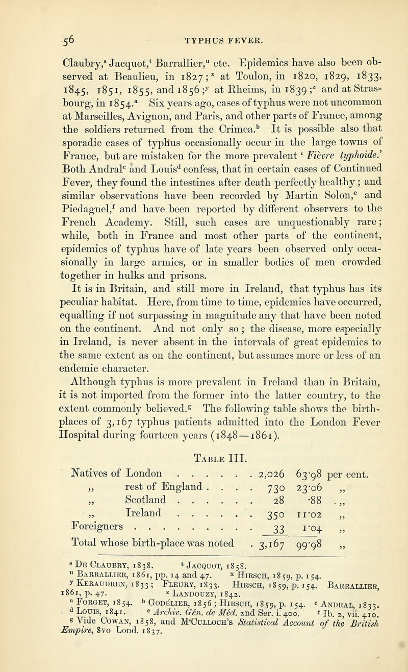 Claubry/ Jacquot/ Barrallier, etc. Epidemics have also been ob- served at Beaulieu, in 1827;'' at Toulon, in 1820, 1829, 1833, 1845, 1851, 1855, and 1856 •/ at Rheims, in 1839 f and at Stras- bourg, in 1854.* Six years ago, cases of typhus were not uncommon at Marseilles, Avignon, and Paris, and other parts of France, among the soldiers returned from the Crimea.'' It is possible also that sporadic cases of typhus occasionally occur in the large towns of France, but are mistaken for the more prevalent' Fiecre typhoide.' Both AndraP and Louis'^ confess, that in certain cases of Continued Fever, they found the intestines after death perfectly healthy; and similar observations have been recorded by Martin Solon,® and Piedagnel,^ and have been reported by diiferent observers to the French Academy. Still, such cases are unquestionably rare; while, both in France and most other parts of the continent, epidemics of typhus have of late years been observed only occa- sionally in large armies, or in smaller bodies of men crowded together in hulks and prisons. It is in Britain, and still more in Ireland, that typhus has its peculiar habitat. Here, from time to time, epidemics have occurred, equalling if not surpassing in magnitude any that have been noted on the continent. And not only so ; the disease, more especially in Ireland, is never absent in the intervals of great epidemics to the same extent as on the continent, but assumes more or less of an endemic character. Although typhus is more prevalent in Ireland than in Britain, it is not imported from the former into the latter country, to the extent commonly believed. ^ The following table shows the birth- places of 3,167 typhus patients admitted into the London Fever Hospital during fourteen years (1848—1861). Table III. Natives of London 2,026 63-98 per cent. „ rest of England .... 730 23*06 „ Scotland 28 -88 „ Ireland 350 11-02 Foreigners 33 1-04 Total whose birth-place was noted . 3,167 99*98 « De Claubry, 1838. ' Jacquot, 1858. 1 Barrallier, 1861, pp. 14 and 4.7, ^ Hirsch, 1859, p. ^54- y Keraudren, 1833; Fleury, 1833. Hirsch, 1859,13.154.. Barrallier, 1861, p. 47. z Landouzy, 1842. o- Forget, 1854. b Godelier, 1856 ; Hirsch, 1859, P- ^54- Andral, 1833. , d Louis, 1841. e Archiv. Gen. de Med. 2nd Ser. i. 400. * lb. 2, vii. 410. g Vide Cowan, 1858, and M'Culloch's Statistical Account of the British Empire, 8vo Lond. 1837.