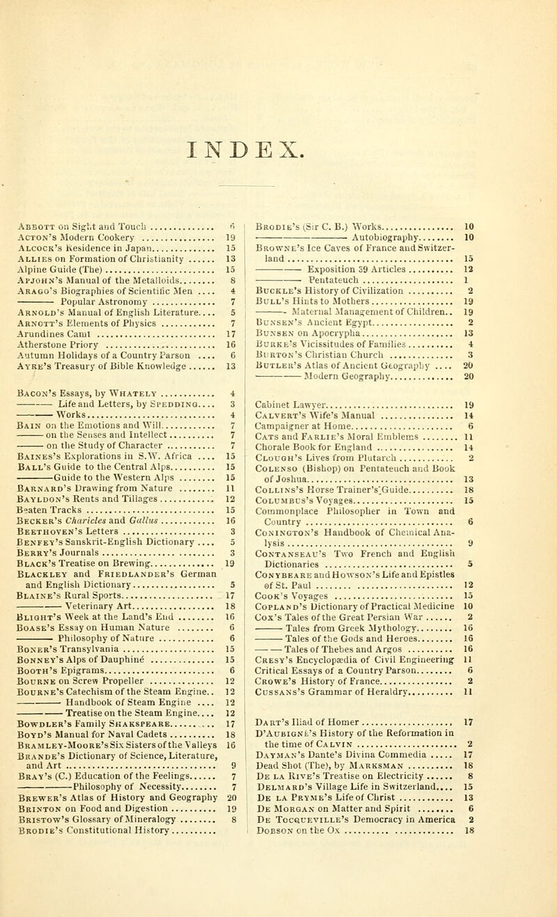 INDE Absott on Sigut and Touch rt Acton's Modern Cookery 19 Alcock's Residence in Japan 15 Allies on Formation of Christianity 13 Alpine Guide (The) 15 Apjohn's Manual of the Metalloids 8 Arago's Biographies of Scientific Men 4 Popular Astronomy 7 Arnold's Manual of English Literature.... 5 Arnctt's Eleruents of Physics 7 Arundines Canil 17 Atherstone Priory 16 Autumn Holidays of a Country Parson .... 6 Ayre's Treasury of Bible Knowledge 13 Bacon's Essays, by Whately 4 Life and Letters, by Spedding 3 Works 4 Bain on the Emotions and Will 7 on tlie Senses and Intellect 7 on the Study of Character 7 Baines's Explorations in S.W.Africa .... 15 Ball's Guide to the Central Alps 15 Guide to the Western Alps 15 Barnard's Drawing from Nature 11 Bayldon's Rents and Tillages 12 Beaten Tracks 15 Becker's Charicles and Gallus 16 Beethoven's Letters 3 Benfey's Sanskrit-English Dictionary .... 5 JBerry's Journals 3 Black's Treatise on Brewing 19 Blackley and Friedlander's German and English Dictionary 5 Blaine's Rural Sports 17 Veterinary Art 18 Blight's Week at the Land's End 16 Boase's Essay on Human Nature 6 Philosophy of Nature 6 Boner's Transylvania 15 Bonney's Alps of Dauphiut5 15 Booth's Epigrams 6 Bourne on Screw Propeller 12 Bourne's Catechism of the Steam Engine.. 12 Handbook of Steam Engine .... 12 Treatise on the Steam Engine.... 12 Bowdler's Family Shakspeare 17 Boyd's Manual for Naval Cadets 18 Bkamley-Moore's Six Sisters of the Valleys 16 Brande's Dictionary of Science,Literature, and Art 9 Bray's (C.) Education of the Feelings 7 Philosophy of Necessity 7 Brewer's Atlas of History and Geography 20 Brinton on Food and Digestion 19 Bristow's Glossary of Mineralogy 8 Brodie's Constitutional History BRODiE's(SirC. B.) Works 10 ■ Autobiography 10 Browne's Ice Caves of France audSwitzer- land 15 Exposition 39 Articles 13 Pentateuch 1 Buckle's History of Civilization 2 Bull's Hints to Mothers 19 Maternal-Management of Children.. 19 Bunsen's Ancient Egypt 2 BuNSEN on Apocrypha 13 Burke's Vicissitudes of Families 4 Burton's Christian Church 3 Butler's Atlas of Ancient Geography 20 Modern Geography 20 Cabinet Lawyer 19 Calvert's Wife's Manual 14 Campaigner at Home 6 Cats and Farlie's Moral Emblems 11 Chorale Book for England 14 Clough's Lives from Plutarch 2 Colenso (Bishop) on Pentateuch and Book of Joshua 13 Collins's Korse Trainer's',Guide 18 Columbus's Voyages 15 Commonplace Philosopher in Town and Country 6 Conington's Handbook of Chemical Ana- lysis 9 Contanseau's Two French and English Dictionaries 5 Con ybeare and Howson's Life and Epistles ofSt.Paul 12 Cook's Voyages 15 Copland's Dictionaryof Practical Medicine 10 Cox's Tales of the Great Persian War 2 Tales from Greek Mythology 16 Tales of the Gods and Heroes 16 Tales of Thebes and Argos 16 Cresy's Encyclopaedia of Civil Engineering U Critical Essays of a Country Parson 6 Crowe's History of France 2 CusSANs's Grammar of Heraldry 11 Da rt's Iliad of Homer 17 D'AuBiGN£.'s History of the Reformation in the time of Calvin 2 Dayman's Dante's Divina Commedia 17 Dead Shot (The), by Marksman 18 De la Rive's Treatise on Electricity 8 Delmard's Village Life in Switzerland.... 15 De la Pryme's Life of Christ 13 De Morgan on Matter and Spirit 6 De Tocqueville's Democracy in America 2 DoBSON on the Ox , 18