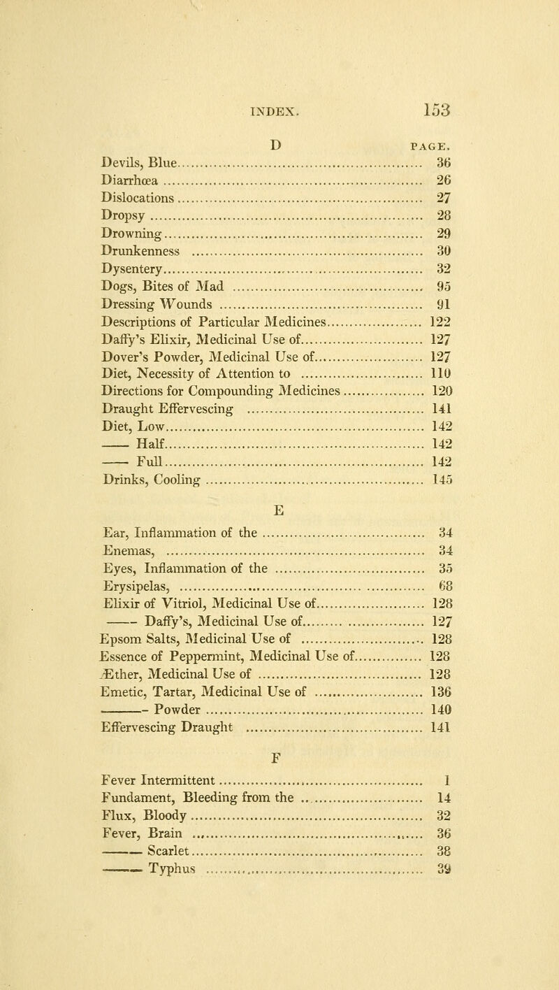 D PAGE. Devils, Blue 36 Diarrhoea 26 Dislocations 27 Dropsy 28 Drowning 29 Drunkenness 30 Dysentery 32 Dogs, Bites of Mad 95 Dressing Wounds 91 Descriptions of Particular Medicines 122 Daffy's Elixir, Medicinal Use of 127 Dover's Powder, Medicinal Use of 127 Diet, Necessity of Attention to 110 Directions for Compounding Medicines 120 Draught Effervescing 141 Diet, Low 142 Half 142 Full 142 Drinks, Cooling , 145 E Ear, Inflammation of the 34 Enemas, 34 Eyes, Inflammation of the 35 Erysipelas, 68 Elixir of Vitriol, Medicinal Use of 128 Daffy's, Medicinal Use of 127 Epsom Salts, MedicinalUse of 128 Essence of Peppermint, Medicinal Use of 128 ^Ether, Medicinal Use of 128 Emetic, Tartar, Medicinal Use of 136 Powder 140 Effervescing Draught 141 F Fever Intermittent 1 Fundament, Bleeding from the 14 Flux, Bloody 32 Fever, Brain 36 Scarlet 38 Typhus , 39