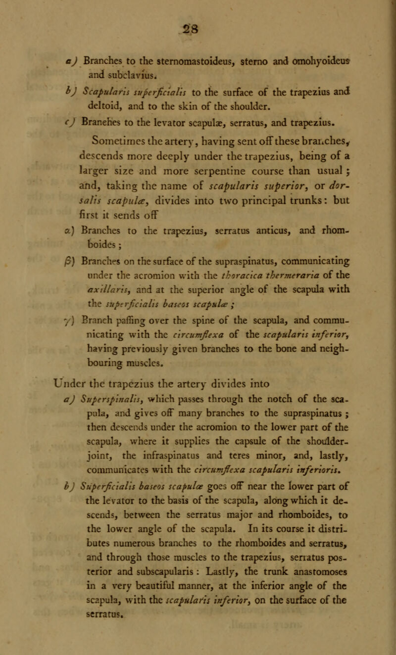 a) Branches to the sternomastoideus, stemo and omohyoideus and subclavius. b) Scapularis superficialis to the surface of the trapezius and deltoid, and to the skin of the shoulder. c) Branches to the levator scapulae, serratus, and trapezius. Sometimes the artery, having sent off these branches, descends more deeply under the trapezius, being of a larger size and more serpentine course than usual ; and, taking the name of scapularis superior, or dor- salts scapula, divides into two principal trunks: but first it sends off o.) Branches to the trapezius, serratus amicus, and rhom- boides; /S) Branches on the surface of the supraspinatus, communicating under the acromion with the tkoracica thermeraria of the axillaris, and at the superior angle of the scapula with the suptrfcialts base as scapula? ; y) Branch parting over the spine of the scapula, and commu- nicating with the circumflexa of the scapularis inferior, having previously given branches to the bone and neigh- bouring muscles. Under the trapezius the artery divides into a) Superspinalis, which passes through the notch of the sea- pula, and gives off many branches to the supraspinatus ; then descends under the acromion to the lower part of the scapula, where it supplies the capsule of the shoulder- joint, the infraspinatus and teres minor, and, lastly, communicates with the circumflexa scapularis inferioris, b) Superficialis baseos scapulae goes off* near the lower part of the levator to the basis of the scapula, along which it de- scends, between the serratus major and rhomboides, to the lower angle of the scapula. In its course it distri- butes numerous branches to the rhomboides and serratus, and through those muscles to the trapezius, senatus pos- terior and subscapularis : Lastly, the trunk anastomoses in a very beautiful manner, at the inferior angle of the scapula, with the scapularis inferior, on the surface of the serratus.