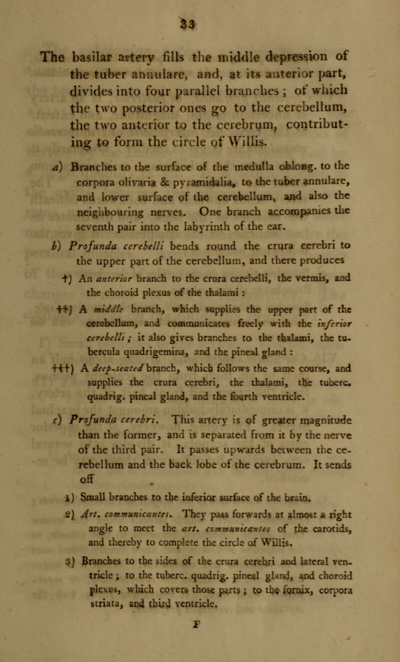 The basilar artery fills the middle depression of the tuber annulare, and, at its anterior part, divides into four parallel branches ; of which the two posterior ones go to the cerebellum, the two anterior to the cerebrum, contribut- ing to form the circle of Willis. a) Branches to the surface of the medulla obloug. to the corpora olivaria & pyiamidalia, to the tuber annulare, and lower surface of the cerebellum, and also the neighbouring nerves. One branch accompanies the seventh pair into the labyrinth of the ear. b) Profunda cerehelli bends round the crura cerebri to the upper part of the cerebellum, and there produces +) An anterior branch to the crura cerehelli, the vermis, and the choroid plexus of the thak:ni : ++) A middle branch, which supplies the upper part of the cerebellum, and communicates freely with the inferior cerehelli; it also gives branches to the thalami, the tu- bercula quadrigemina, and the pineal gland : ■f+T) A deep-seated branch, which follows the same course, and supplies the crura cerebri, the thalami, the tuoerc quadrig. pineal gland, and the fourth ventricle. r) Profunda cerebri. This artery is of greater magnitude than the former, and is separated from it by the nerve of the third pair. It passes upwards between the ce- rebellum and the back lobe of the cerebrum. It sends off i) Small branches to the inferior surface of the brain, 2) Art. communicantes. They pass forwards at almost z. right angle to meet the art. ccmntunicantes of the carotids, and thereby to complete the circle of Willis. 3) Branches to the sides of the crura cerebri and lateral ven- tricle ; to the tuberc. quadrig. pineal gUnd, and choroid plexus, which covers those parts; to the. fornix, corpora striata, and third ventricle.