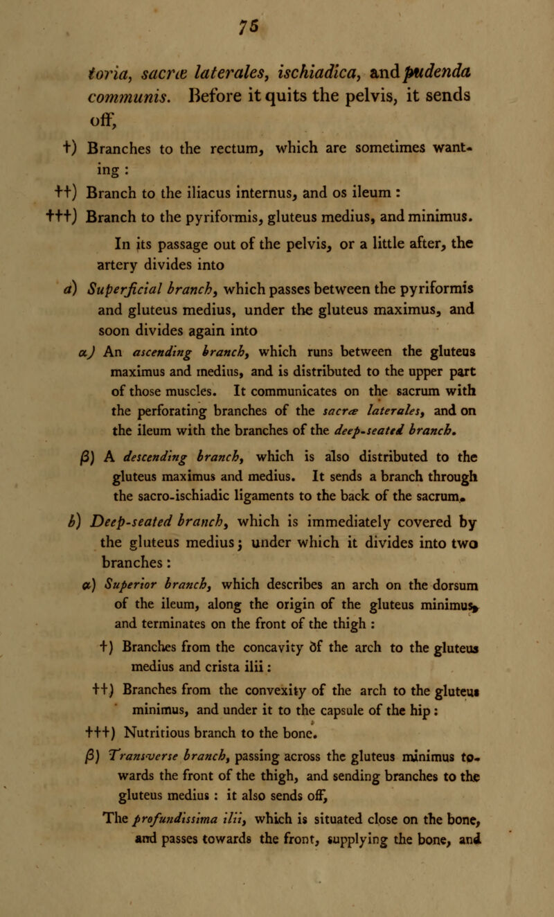 7S toria, sacne later ales, ischiadica, and pudenda communis. Before it quits the pelvis, it sends off, t) Branches to the rectum, which are sometimes want- ing : ++) Branch to the iliacus internus, and os ileum : tttj Branch to the pyriformis, gluteus medius, and minimus. In its passage out of the pelvis, or a little after, the artery divides into a) Superficial branch, which passes between the pyriformis and gluteus medius, under the gluteus maximus, and soon divides again into aj An ascending branch, which runs between the gluteus maximus and medius, and is distributed to the upper part of those muscles. It communicates on the sacrum with the perforating branches of the sacr<e laterales, and on the ileum with the branches of the deep-seated branch, P) A descending branch, which is also distributed to the gluteus maximus and medius. It sends a branch through the sacro-ischiadic ligaments to the back of the sacrum. b) Deep-seated branch, which is immediately covered by the gluteus medius; under which it divides into two branches: a) Superior branch, which describes an arch on the dorsum of the ileum, along the origin of the gluteus minimus^ and terminates on the front of the thigh : +) Branches from the concavity 5f the arch to the gluteus medius and crista ilii: ++) Branches from the convexity of the arch to the glutem minimus, and under it to the capsule of the hip: +++) Nutritious branch to the bone. /3) Transverse branch, passing across the gluteus minimus to- wards the front of the thigh, and sending branches to the gluteus medius: it also sends off, The profundissima ilii, which is situated close on the bone, and passes towards the front, supplying the bone, and