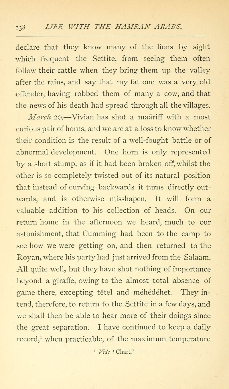declare that they know many of the lions by sight which frequent the Settite, from seeing them often follow their cattle when they bring them up the valley after the rains, and say that my fat one was a very old offender, having robbed them of many a cow, and that the news of his death had spread through all the villages. March 20.—Vivian has shot a maariff with a most curious pair of horns, and we are at a loss to know whether their condition is the result of a well-fought battle or of abnormal development. One horn is only represented by a short stump, as if it had been broken off, whilst the other is so completely twisted out of its natural position that instead of curving backwards it turns directly out- wards, and is otherwise misshapen. It will form a valuable addition to his collection of heads. On our return home in the afternoon we heard, much to our astonishment, that Cumming had been to the camp to see how we were getting on, and then returned to the Roy an, where his party had just arrived from the Salaam. All quite well, but they have shot nothing of importance beyond a giraffe, owing to the almost total absence of game there, excepting tetel and mehedehet. They in- tend, therefore, to return to the Settite in a few days, and we shall then be able to hear more of their doings since the great separation. I have continued to keep a daily record,1 when practicable, of the maximum temperature 1 Vide 'Chart.'