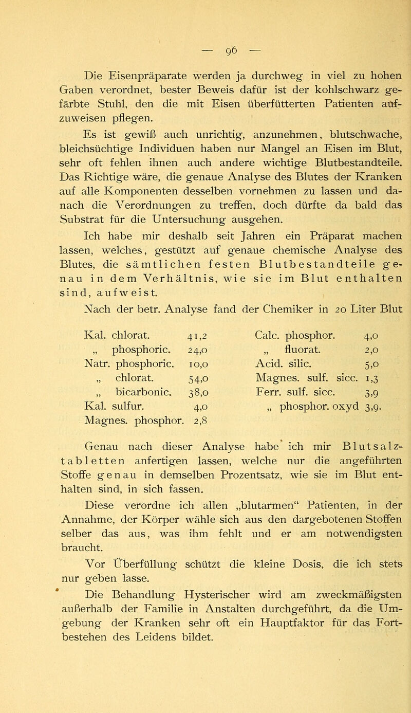 Die Eisenpräparate werden ja durchweg in viel zu hohen Gaben verordnet, bester Beweis dafür ist der kohlschwarz ge- färbte Stuhl, den die mit Eisen überfütterten Patienten aöf- zuweisen pflegen. Es ist gewiß auch unrichtig, anzunehmen, blutschwache, bleichsüchtige Individuen haben nur Mangel an Eisen im Blut, sehr oft fehlen ihnen auch andere wichtige Blutbestandteile. Das Richtige wäre, die genaue Analyse des Blutes der Kranken auf alle Komponenten desselben vornehmen zu lassen und da- nach die Verordnungen zu treffen, doch dürfte da bald das Substrat für die Untersuchung ausgehen. Ich habe mir deshalb seit Jahren ein Präparat machen lassen, welches, gestützt auf genaue chemische Analyse des Blutes, die sämtlichen festen Blutbestandteile ge- nau in dem Verhältnis, wie sie im Blut enthalten sind, aufweist. , Nach der betr. Analyse fand der Chemiker in 20 Liter Blut Kai. chlorat. 41,2 Calc. phosphor. 4,0 „ phosphoric. 24,0 „ fluorat. 2,0 Natr. phosphoric. 10,0 Acid. silic. 5,0 chlorat. 54,0 Magnes. sulf. sicc. 1,3 bicarbonic. 38,0 Ferr. sulf. sicc. 3,9 Kai. sulfur. 4,0 „ phosphor. oxyd 3,9, Magnes. phosphor. 2,8 Genau nach dieser Analyse habe ich mir Blutsalz- tabletten anfertigen lassen, welche nur die angeführten Stoffe genau in demselben Prozentsatz, wie sie im Blut ent- halten sind, in sich fassen. Diese verordne ich allen „blutarmen Patienten, in der Annahme, der Körper wähle sich aus den dargebotenen Stoffen selber das aus, was ihm fehlt und er am notwendigsten braucht. Vor Überfüllung schützt die kleine Dosis, die ich stets nur geben lasse. Die Behandlung Hysterischer wird am zweckmäßigsten außerhalb der Familie in Anstalten durchgeführt, da die Um- gebung der Kranken sehr oft ein Hauptfaktor für das Fort- bestehen des Leidens bildet.