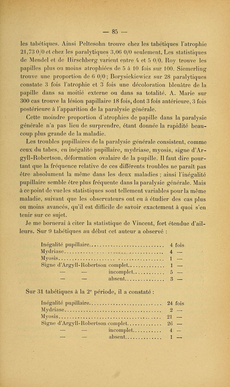 les tabétiquos. Ainsi Peltesohn trouve chez les tabétiques l'atrophie 21,73 0/0 et chez les paralytiques 3,06 0/0 seulement. Les statistiques de Mendel et de Hirschberg varient entre 4 et 5 0/0. Roy trouve les papilles plus ou moins atrophiées de 5 à 10.fois sur 100. Siemerling' trouve une proportion de 6 0/0 ; Borysiekiewicz sur 28 paralytiques constate 3 fois l'atrophie et 3 fois une décoloration bleuâtre de la papille dans sa moitié externe ou dans sa totalité. A. Marie sur 300 cas trouve la lésion papillaire 18 fois, dont 3 fois antérieure, 3 fois postérieure à l'apparition de la paralysie générale. Cette moindre proportion d'atrophies de papille dans la paralysie générale n'a pas lieu de surprendre, étant donnée la rapidité beau- coup plus grande de la maladie. Les troubles pupillaires de la paralysie générale consistent, comme ceux du tabès, en inégalité pupillaire, mydriase^ myosis, signe d'Ar- gyll-Robertson, déformation ovalaire de la pupille. Il faut dire pour- tant que la fréquence relative de ces différents troubles ne paraît pas être absolument la même dans les deux maladies ; ainsi l'inégalité pupillaire semble être plus fréquente dans la paralysie générale. Mais à ce point de vue les statistiques sont tellement variables pour la même maladie, suivant que les observateurs ont eu à étudier des cas plus ou moins avancés, qu'il est difficile de savoir exactement à quoi s'en tenir sur ce sujet. Je me bornerai à citer la statistique de Vincent, fort étendue d'ail- leurs. Sur 9 tabétiques au début cet auteur a observé : Inégalité pupillaire 4 fois Mydriase 4 — Myosis 1 — Signe d'ArgylI-Robertson complet 1 — — — incomplet 5 — — — absent 3 — Sur 31 tabétiques à la 2'^ période, il a constaté : Inégalité pupillaire 24 fois Mydriase 2 — Myosis 21 — Signe d'Argyll-Robertson complet 26 — — — incomplet 4 — — — absent 1 —