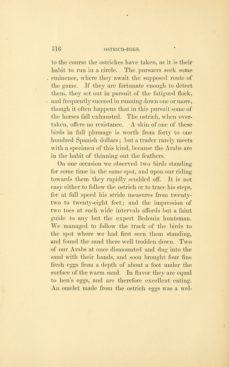 to the course the ostriches have taken, as it is their habit to run in a circle. The pursuers seek some eminence, where they await the supposed route of the game. If they are fortunate enough to detect them, they set out in pursuit of the fatigued flock, and frequently succeed in running down one or more, though it often happens that in this pursuit some of the horses fall exhausted. The ostrich, Avhen over- taken, offers no resistance. A skin of one of these birds in full plumage is worth from forty to one hundred Spanish dollars; but a trader rarely meets with a specimen of this kind, because the Arabs are in the habit of thinning out the feathers. On one occasion we observed two birds standing for some time in the same spot, and upon our riding towards them they rapidly scudded off. It is not easy either to follow the ostrich or to trace his steps, for at full speed his stride measures from twenty- two to twenty-eight feet; and the impression of two toes at such wide intervals affords but a faint guide to any but the expert Bedouin huntsman. We managed to follow the track of the birds to the spot where we had first seen them standing, and found the sand there well trodden down. Two of our Arabs at once dismounted and dug into the sand with their hands, and soon brought four fine fresh eggs from a depth of about a foot under the surface of the warm sand. In flavor they are equal to hen's eggs, and are therefore excellent eating. An omelet made from the ostrich eggs was a wel-