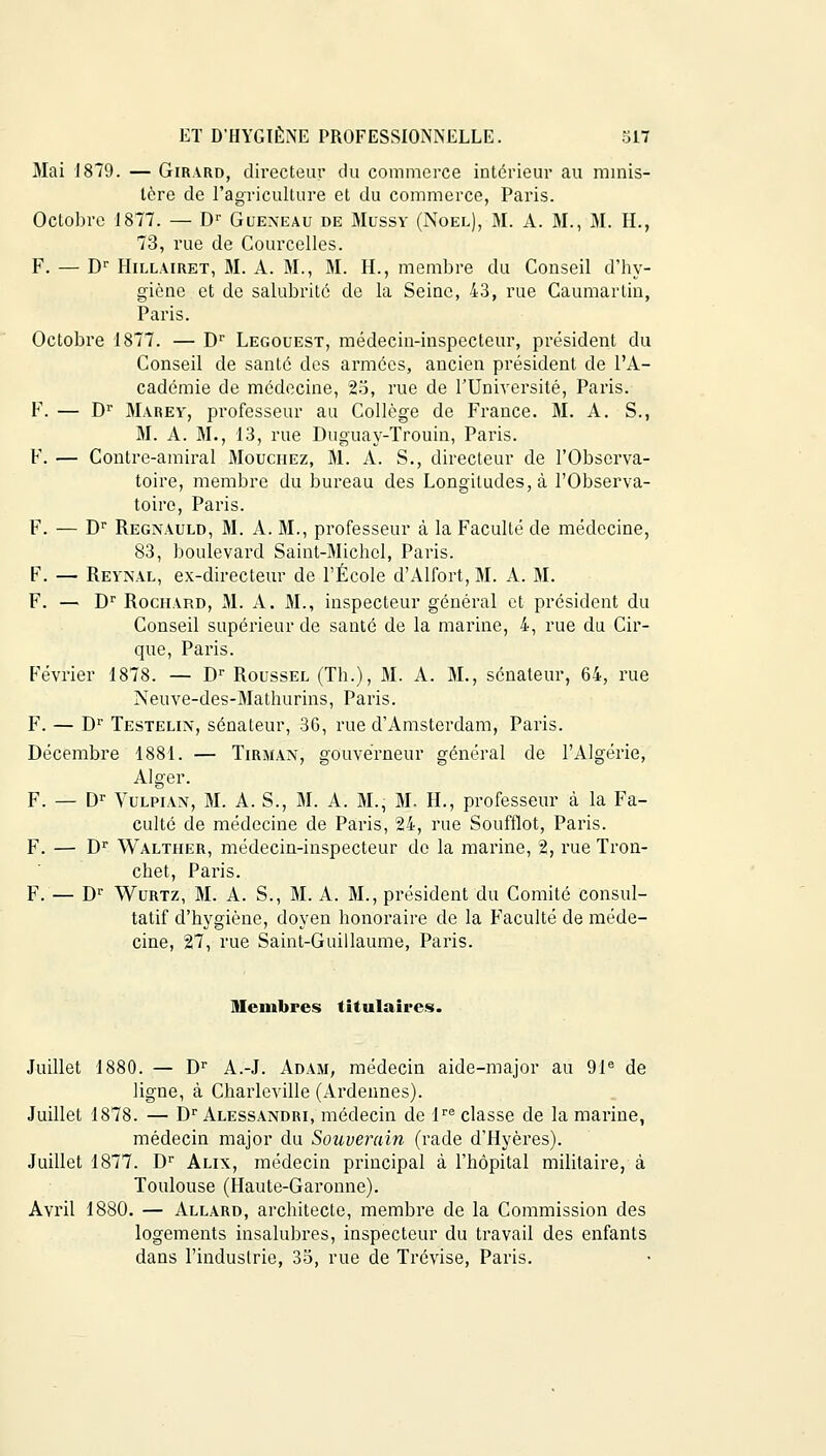 Mai 1879. — Girard, directeur du commerce intérieur au minis- tère de l'agriculture et du commerce, Paris. Octobre 1877. — Dr Gueneau de Mussy (Noël), M. A. M., M. H., 73, rue de Courcelles. F. — Dr Hillairet, M. A. M., M. H., membre du Conseil d'hy- giène et de salubrité de la Seine, 43, rue Caumartin, Paris. Octobre 1877. — Dr Legouest, médecin-inspecteur, président du Conseil de santé des armées, ancien président de l'A- cadémie de médecine, 25, rue de l'Université, Paris. F. — Dr Marev, professeur au Collège de France. M. A. S., M. A. M., 13, rue Duguay-Trouin, Paris. F. — Contre-amiral Mouchez, M. A. S., directeur de l'Observa- toire, membre du bureau des Longitudes, à l'Observa- toire, Paris. F. — Dr Regnauld, M. A. M., professeur à la Faculté de médecine, 83, boulevard Saint-Michel, Paris. F. — Reynal, ex-directeur de l'École d'Alfort, M. A. M. F. — Dr Rochard, M. A. M., inspecteur général et président du Conseil supérieur de santé de la marine, 4, rue du Cir- que, Paris. Février 1878. — Dr Roussel (Th.), 31. A. M., sénateur, 64, rue Neuve-des-Mathurins, Paris. F. — D1' Testelin, sénateur, 36, rue d'Amsterdam, Paris. Décembre 1881. — Tirmax, gouverneur général de l'Algérie, Alger. F. — Dr Vulpian, M. A. S., M. A. M., M. H., professeur à la Fa- culté de médecine de Paris, 24, rue Soufflot, Paris. F. — Dr Walther, médecin-inspecteur de la marine, 2, rue Tron- chet, Paris. F. — Dr Wurtz, M. A. S., M. A. M., président du Comité consul- tatif d'hygiène, doyen honoraire de la Faculté de méde- cine, 27, rue Saint-Guillaume, Paris. membres titulaires. Juillet 1880. — Dr A.-J. Adam, médecin aide-major au 91e de ligne, à Charleville (Ardennes). Juillet 1878. — Dr Alessandri, médecin de lre classe de la marine, médecin major du Souverain (rade d'Hyères). Juillet 1877. Dr Alix, médecin principal à l'hôpital militaire, à Toulouse (Haute-Garonne). Avril 1880. — Allard, architecte, membre de la Commission des logements insalubres, inspecteur du travail des enfants dans l'industrie, 35, rue de Trévise, Paris.