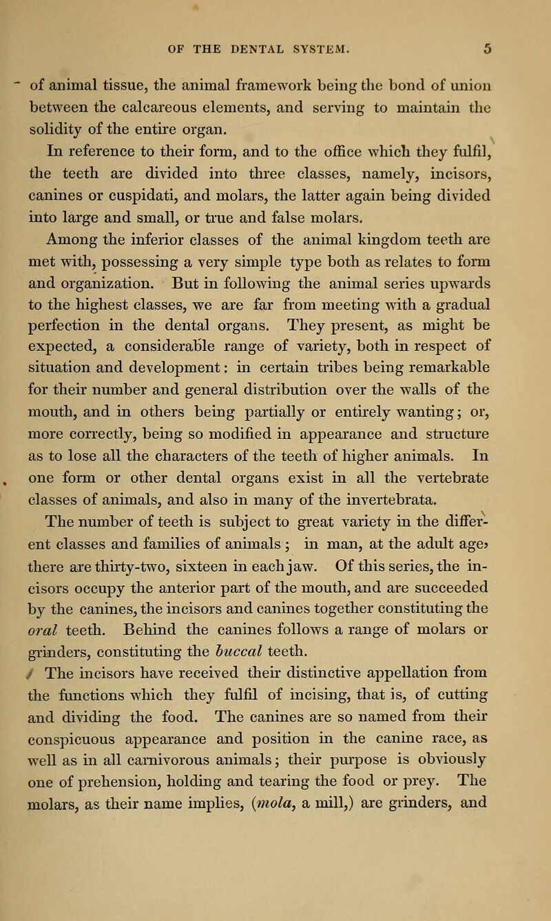 of animal tissue, the animal framework being the bond of union between the calcareous elements, and serving to maintain the solidity of the entire organ. In reference to their form, and to the office which they fulfil, the teeth are divided into three classes, namely, incisors, canines or cuspidati, and molars, the latter again being divided into large and small, or true and false molars. Among the inferior classes of the animal kingdom teeth are met with, possessing a very simple type both as relates to form and organization. But in following the animal series upwards to the highest classes, we are far from meeting with a gradual perfection in the dental organs. They present, as might be expected, a considerable range of variety, both in respect of situation and development: in certain tribes being remarkable for their number and general distribution over the walls of the mouth, and in others being partially or entirely wanting; or, more correctly, being so modified in appearance and structure as to lose all the characters of the teeth of higher animals. In one form or other dental organs exist in all the vertebrate classes of animals, and also in many of the invertebrata. The number of teeth is subject to great variety in the differ- ent classes and families of animals ; in man, at the adult age? there are thirty-two, sixteen in each jaw. Of this series, the in- cisors occupy the anterior part of the mouth, and are succeeded by the canines, the incisors and canines together constituting the oral teeth. Behind the canines follows a range of molars or grinders, constituting the buccal teeth. / The incisors have received their distinctive appellation from the functions which they fulfil of incising, that is, of cutting and dividing the food. The canines are so named from their conspicuous appearance and position in the canine race, as well as in all carnivorous animals; their purpose is obviously one of prehension, holding and tearing the food or prey. The molars, as their name implies, (mola, a mill,) are grinders, and