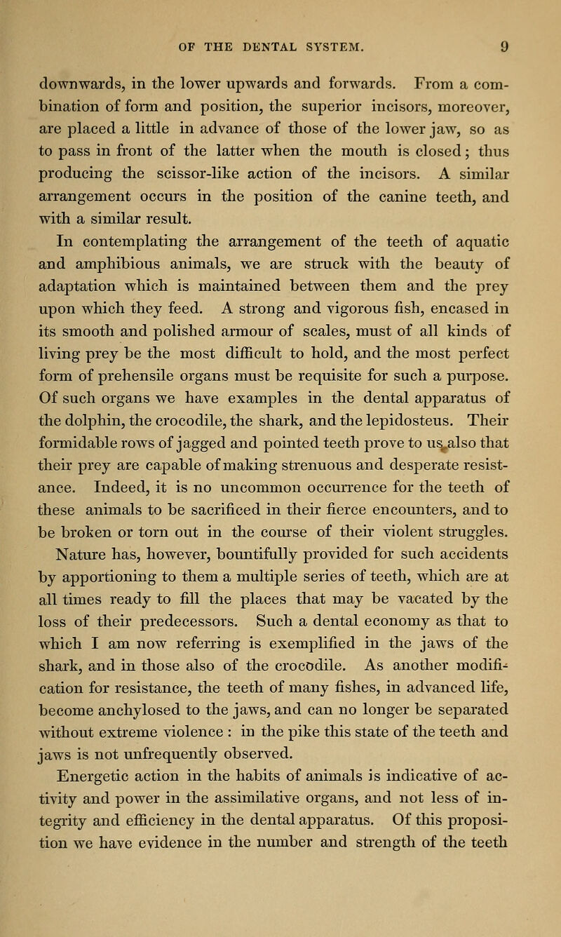 downwards, in the lower upwards and forwards. From a com- bination of form and position, the superior incisors, moreover, are placed a little in advance of those of the lower jaw, so as to pass in front of the latter when the mouth is closed; thus producing the scissor-like action of the incisors. A similar arrangement occurs in the position of the canine teeth, and with a similar result. In contemplating the arrangement of the teeth of aquatic and amphibious animals, we are struck with the beauty of adaptation which is maintained between them and the prey upon which they feed. A strong and vigorous fish, encased in its smooth and polished armour of scales, must of all kinds of living prey be the most difficult to hold, and the most perfect form of prehensile organs must be requisite for such a purpose. Of such organs we have examples in the dental apparatus of the dolphin, the crocodile, the shark, and the lepidosteus. Their formidable rows of jagged and pointed teeth prove to usralso that their prey are capable of making strenuous and desperate resist- ance. Indeed, it is no uncommon occurrence for the teeth of these animals to be sacrificed in their fierce encounters, and to be broken or torn out in the course of their violent struggles. Nature has, however, bountifully provided for such accidents by apportioning to them a multiple series of teeth, which are at all times ready to fill the places that may be vacated by the loss of their predecessors. Such a dental economy as that to which I am now referring is exemplified in the jaws of the shark, and in those also of the crocodile. As another modifi- cation for resistance, the teeth of many fishes, in advanced life, become anchylosed to the jaws, and can no longer be separated without extreme violence : in the pike this state of the teeth and jaws is not unfrequently observed. Energetic action in the habits of animals is indicative of ac- tivity and power in the assimilative organs, and not less of in- tegrity and efficiency in the dental apparatus. Of this proposi- tion we have evidence in the number and strength of the teeth