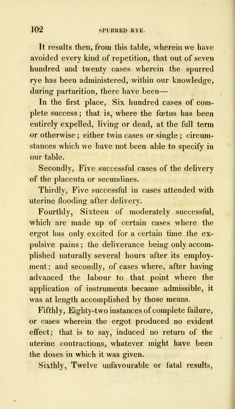 It results then,, from this table^ wherein we have avoided every kind of repetition^ that out of seven hundred and twenty cases wherein the spurred rye has been administered^ within our knowledge^ during parturition^ there have been— In the first place^ Six hundred cases of com- plete success; that is, where the foetus has been entirely expelled, living or dead, at the full term or otherwise; either twin cases or single ; circum- stances which we have not been able to specify in our table. Secondly, Five successful cases of the delivery of the placenta or secundines. Thirdly, Five successful in cases attended with uterine flooding after delivery. Fourthly, Sixteen of moderately successful^ which are made up of certain cases where the ergot has only excited for a certain time the ex- pulsive pains; the deliverance being only accom- plished naturally several hours after its employ- ment : and secondly, of cases where, after having advanced the labour to that point where the application of instruments became admissible, it was at length accomplished by those means. Fifthly, Eighty-two instances of complete failure, or cases wherein the ergot produced no evident effect; that is to say, induced no return of the uterine contractions, whatever might have been the doses in which it was given. Sixthly, Twelve unfavourable or fatal results,