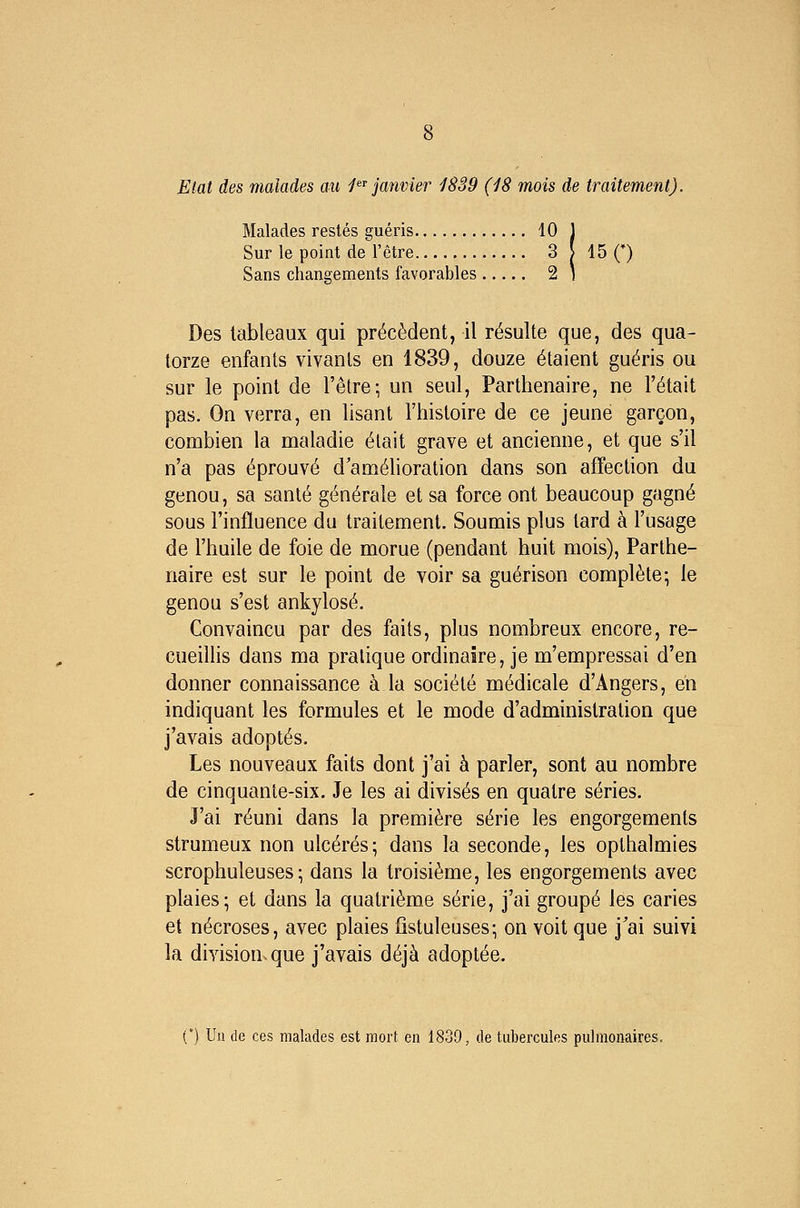 Malades restés guéris 10 1 Sur le point de l'être 3 > 15 (*) Sans changements favorables 2 1 Des tableaux qui précèdent, il résulte que, des qua- torze enfants vivants en 1839, douze étaient guéris ou sur le point de l'être; un seul, Parthenaire, ne l'était pas. On verra, en lisant l'histoire de ce jeune garçon, combien la maladie était grave et ancienne, et que s'il n'a pas éprouvé d'amélioration dans son affection du genou, sa santé générale et sa force ont beaucoup gagné sous l'influence du traitement. Soumis plus tard à l'usage de l'huile de foie de morue (pendant huit mois), Parthe- naire est sur le point de voir sa guérison complète; le genou s'est ankylosé. Convaincu par des faits, plus nombreux encore, re- cueillis dans ma pratique ordinaire, je m'empressai d'en donner connaissance à la société médicale d'Angers, en indiquant les formules et le mode d'administration que j'avais adoptés. Les nouveaux faits dont j'ai à parler, sont au nombre de cinquante-six. Je les ai divisés en quatre séries. J'ai réuni dans la première série les engorgements strumeux non ulcérés; dans la seconde, les oplhalmies scrophuleuses ; dans la troisième, les engorgements avec plaies; et dans la quatrième série, j'ai groupé les caries et nécroses, avec plaies fistuleuses; on voit que j'ai suivi la division.que j'avais déjà adoptée. (') Un de ces malades est mort en 1839, de tubercules pulmonaires.