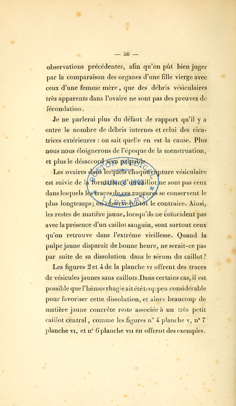 observations précédentes, afin qu'on pût bien juger par la comparaison des organes d'une fille vierge avec ceux d'une femme mère, que des débris vésiculaires très apparents dans l'ovaire ne sont pas des preuves de fécondation. Je ne parlerai plus du défaut de rapport qu'il y a entre le nombre de débris internes et celui des cica- trices extérieures : on sait quelle en est la cause. Plus nous nous éloignerons de l'époque de la menstruation^ et plus le désaccop^^Se^ mIe^Î!^ Les ovaires d!a^ lesqTï?î§^âaquiG^w)ture vésiculaire est suivie de la^rrïiijî^n^'iiiô^illotlne sont pas ceux dans lesquels l0^racesj.fi|jgê§_î:u^ur^se conservent le plus longtemps ; olWDJ^rlfe^iBifem le contraire. Ainsi, les restes de matière jaune, lorsqu'ils ne coïncident pas avec la présence d'un cailloi sanguin, sont surtout ceux qu'on retrouve dans l'extrême vieillesse. Quand la pulpe jaune disparaît de bonne heure, ne serait-ce pas par suite de sa dissolution dans le sérum du caillot r Les figures 2 et /4 de la planche vi offrent des traces de vésicules jaunes sans caillots.Dans certains cas, il est possible que l'hémorrhagie ait ététîop peu considérable pour favoriser cette dissolution, et alor^ beaucoup de matière jaune concrète reste associée à un très petit caillot central, comme les figures n° A planche v, n 7 planche vi, et n 6 planche vu en offrent des exemples.