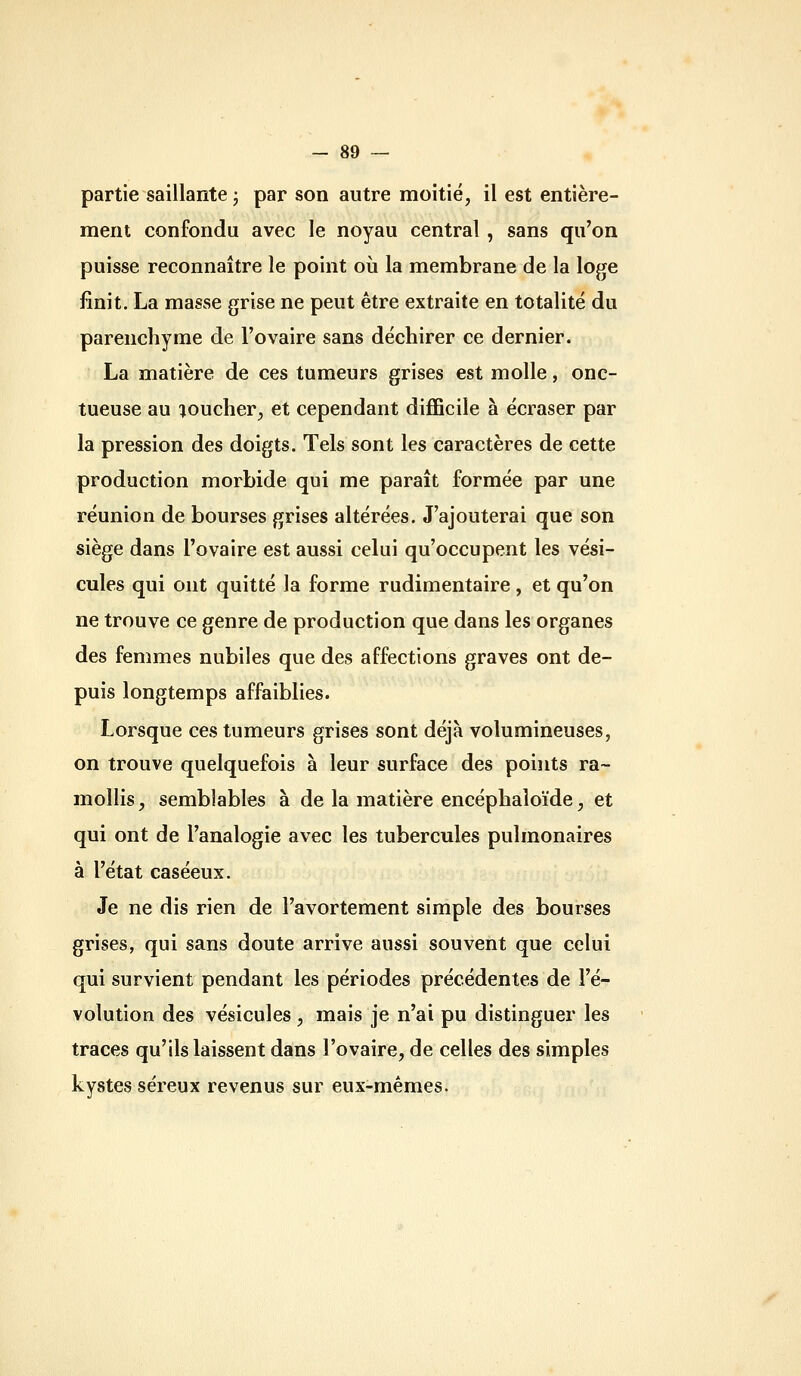 partie saillante ; par son autre moitié, il est entière- ment confondu avec le noyau central , sans qu'on puisse reconnaître le point où la membrane de la loge finit. La masse grise ne peut être extraite en totalité du parenchyme de l'ovaire sans déchirer ce dernier. La matière de ces tumeurs grises est molle, onc- tueuse au noucher, et cependant difficile à écraser par la pression des doigts. Tels sont les caractères de cette production morbide qui me paraît formée par une réunion de bourses grises altérées. J'ajouterai que son siège dans l'ovaire est aussi celui qu'occupent les vési- cules qui ont quitté la forme rudimentaire, et qu'on ne trouve ce genre de production que dans les organes des femmes nubiles que des affections graves ont de- puis longtemps affaiblies. Lorsque ces tumeurs grises sont déjà volumineuses, on trouve quelquefois à leur surface des points ra- mollis, semblables à de la matière encéphaloïde, et qui ont de l'analogie avec les tubercules pulmonaires à l'état caséeux. Je ne dis rien de l'avortement simple des bourses grises, qui sans doute arrive aussi souvent que celui qui survient pendant les périodes précédentes de l'é- volution des vésicules , mais je n'ai pu distinguer les traces qu'ils laissent dans l'ovaire, de celles des simples kystes séreux revenus sur eux-mêmes.