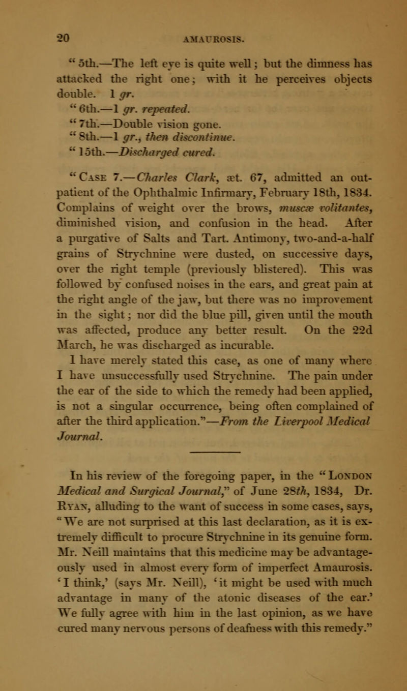 AMAUSOSIS :h.—The left eye is quite well: but the dimness has ked the right one; with it he perceives obj double. 1 gr.  6th.—1 gr. repeats  Tih.—Double vision gone. 8th.—1 gr., then discontinue.  loth.—D Case 7.—Ckark* Clark, at. 67, admitted an out- patient of the Ophthalmic Iniinnary, February ISth. 18S4. Complains of weight over the brows, mutc« volitanfa, diminished vision, and confusion in the head. After a purg Salts and Tart. Antimony, two-and-a-half grains of Strychnine were dusted, on successive days, over the right temple (previously blistered). This was followed by confused noises in the ears, and great pain at the right angle of the jaw, but there was no improvement in th . nor did the blue pill, given until the mouth affected, produce any better result. On the '2-2J is discha: _ .curable. 1 have merely stated tlii- is one of many where I have imsuccessfully used Strychnine. The pain under the ear of the side to which the remedy had been applied, is not a singular occurrence, being often complained of after the third application.—From the I her pool Medical In his review of the foregoing paper, in the '* London cal and Surgical Journal of June 28J&, 1S34. Dr. Ryan, alluding to the want of success in some cas are not surprised at this last declaration, as it is ex- tremely difficult to procure Strychnine in its genuine form. Mr. Xeill maintains that this medicine may be advantage- ously used in almost every form of imperfect Amaurosis. ;I think,' (says Mr. Nefll), 'it might be used with much advantage in many of the atonic diseases of the ear.' idly agree with him in the last opinion, as we have cured many nervo1 with this remedy.